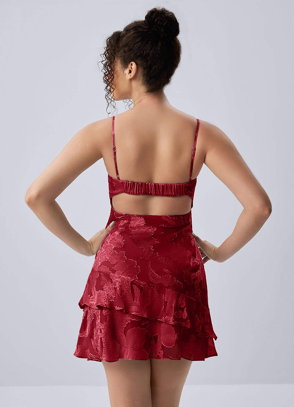 frill strap floral lace backless mini dress Hortense Ruby Red Spaghetti Strap Floral Ruffle Open Back Mini Dress