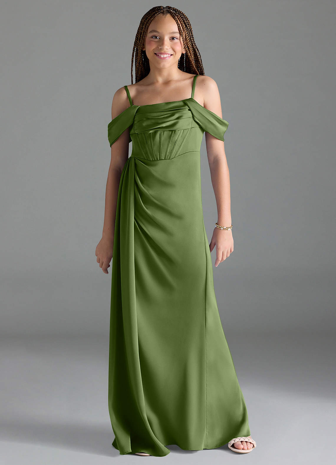 Azazie Amyra Junior Juniper Sheath Off the Shoulder Stretch Satin Dress image1