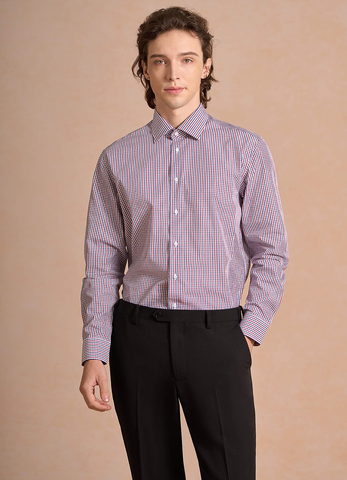 front Aiden Blue Red Contrast 100% Cotton Non-Iron Striped Dress Shirt