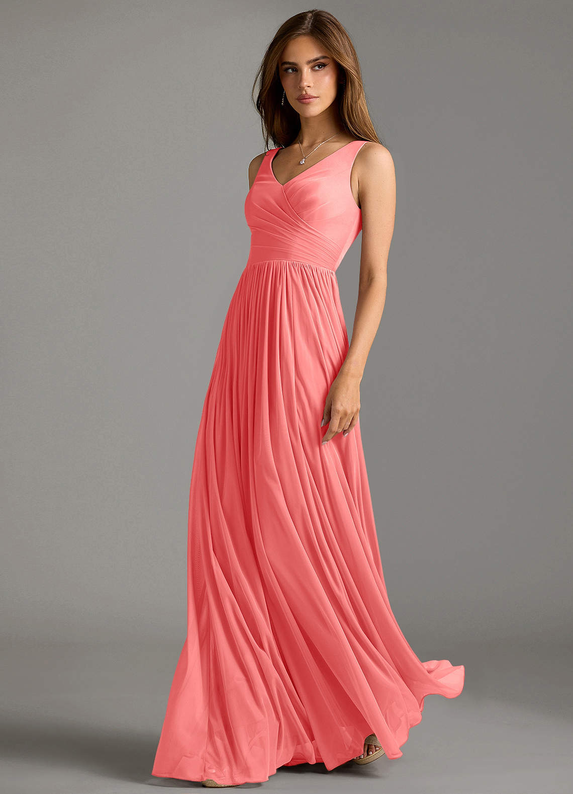 Azazie Keyla Bridesmaid Dresses Coral A-Line Pleated Mesh Dress image1