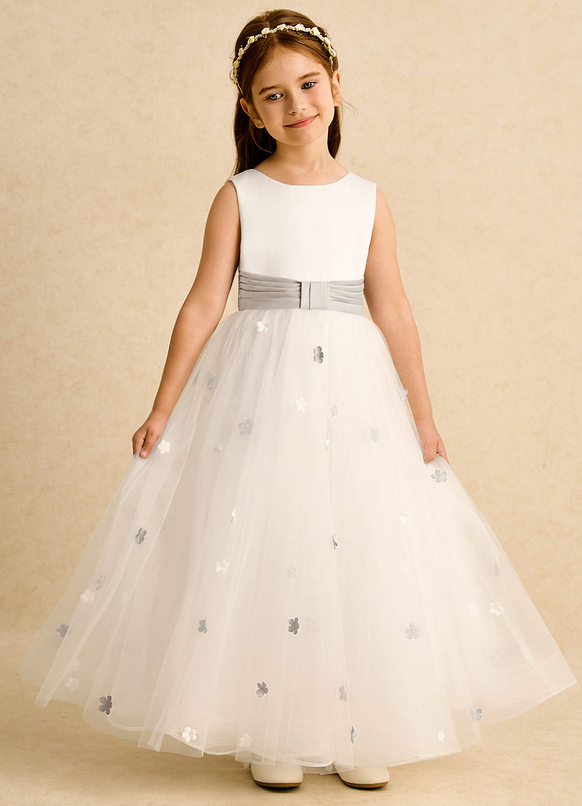 Azazie Cricket Flower Girl Dresses Ivory Frost Ball-Gown Pleated Matte Satin Dress image3