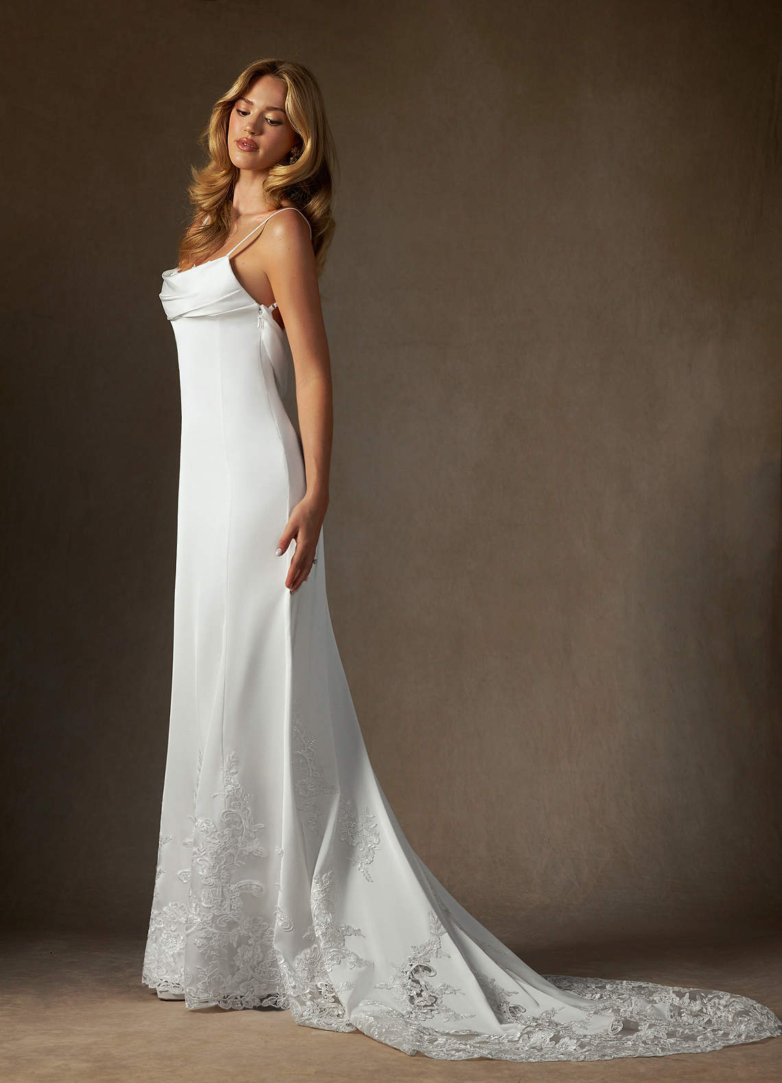 Azazie Eliora Robes de mariée Robe Ajusté et évasé en Satin extensible Blanc De Diamant image2