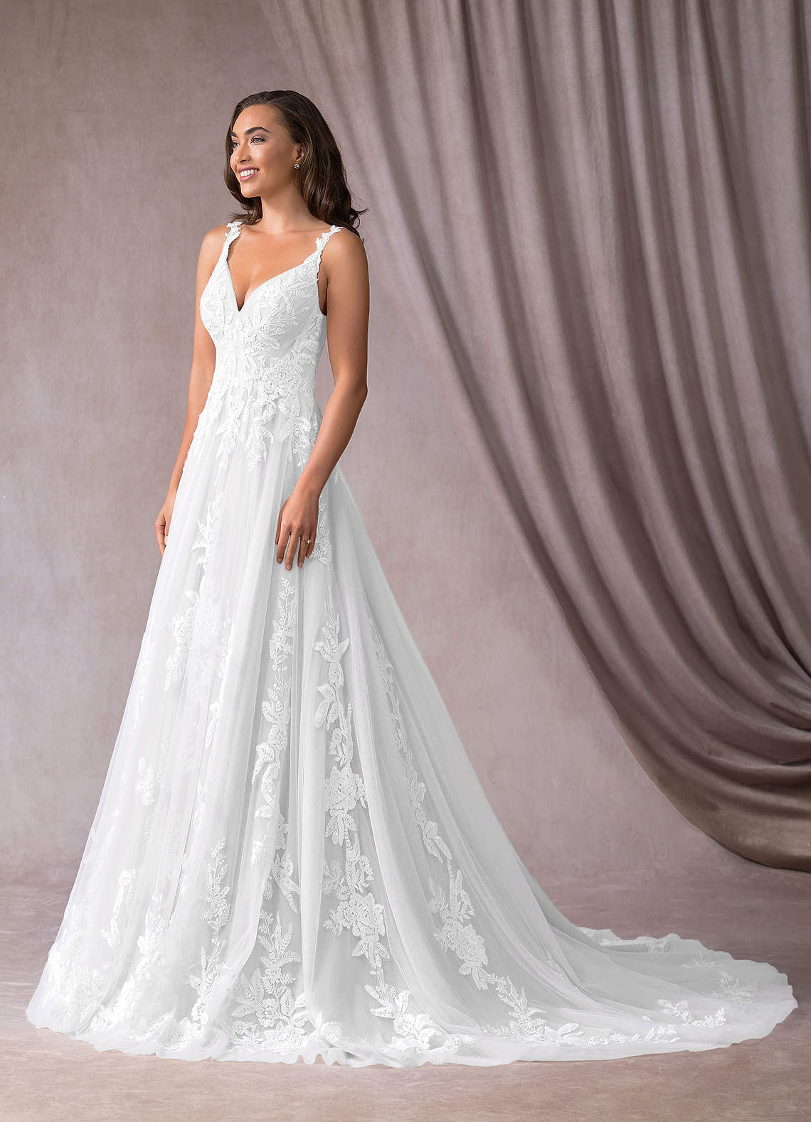 Azazie Delaina Wedding Dresses Diamond White A-Line V-Neck Sequins Tulle Dress image5