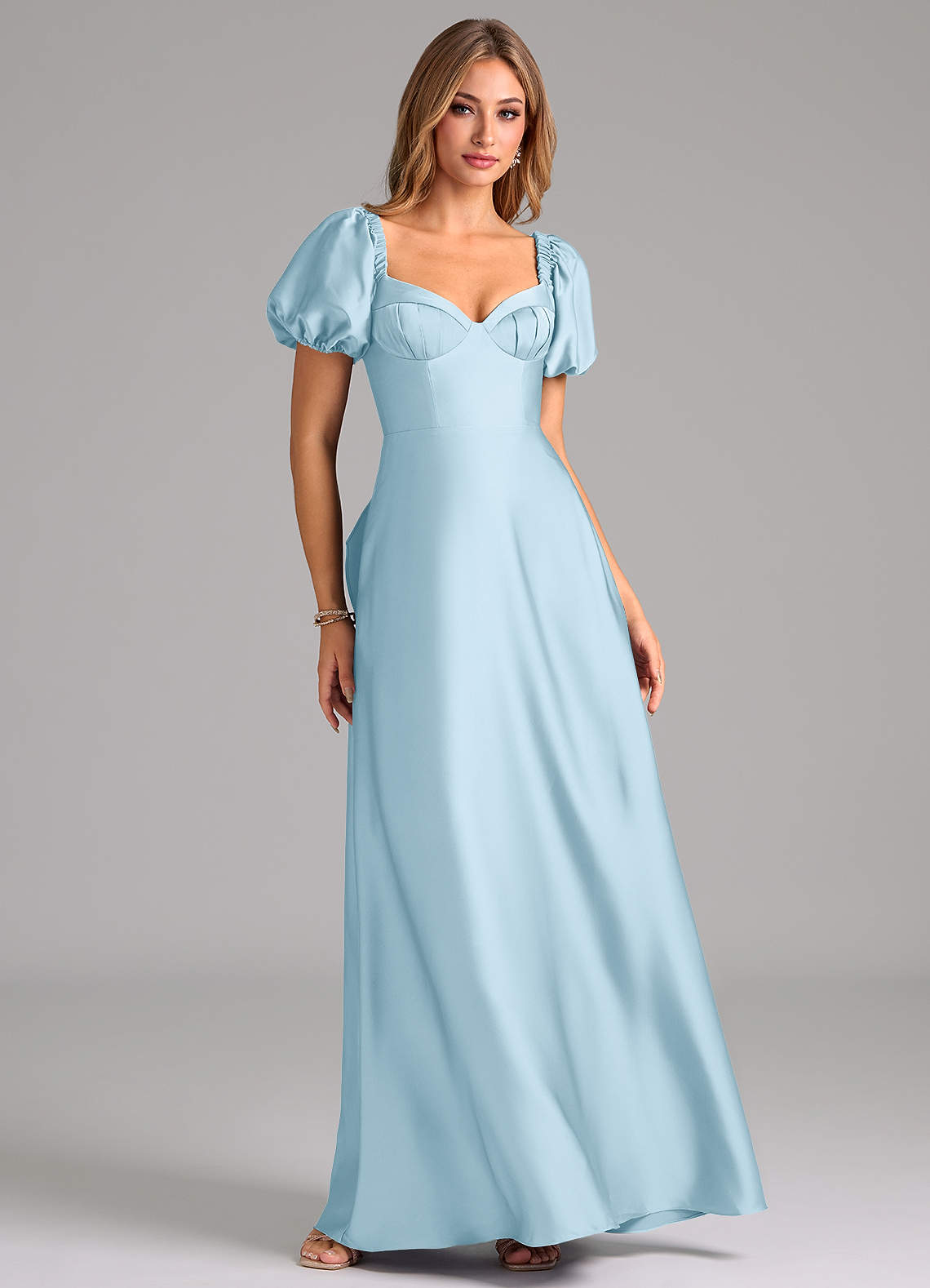 Azazie Fatima Bridesmaid Dresses Sky Blue A-Line Pleated Stretch Satin Dress image1