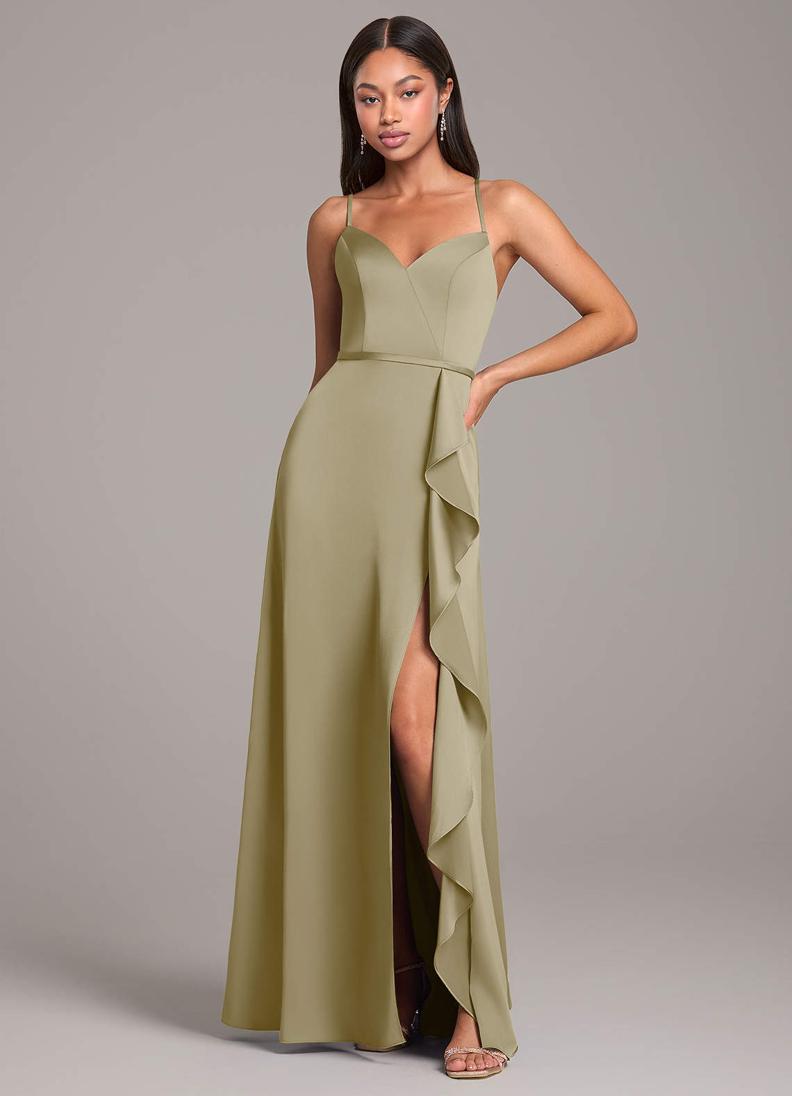 Azazie Naeem Robes de demoiselle d'honneur Robe Trapèze en Satin extensible Vert Mousse image1