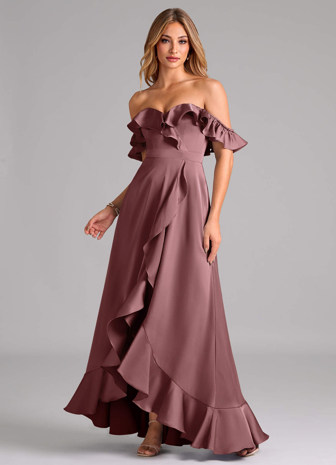 Azazie Lyra Bridesmaid Dresses Vintage Mauve A-Line Off the Shoulder Stretch Satin Convertible Dress image1