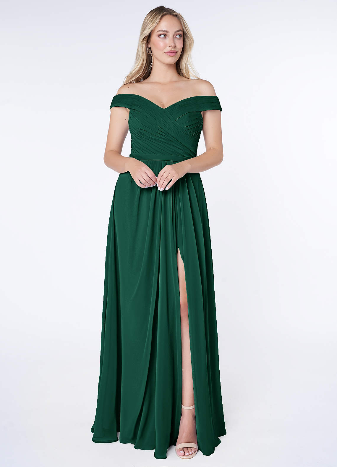 Azazie Audrianna Jurken voor bruidsmeisjes Converteerbaar Jurk van Chiffon met A-Lijn Off-the-shoulder verzameld Smaragd image1