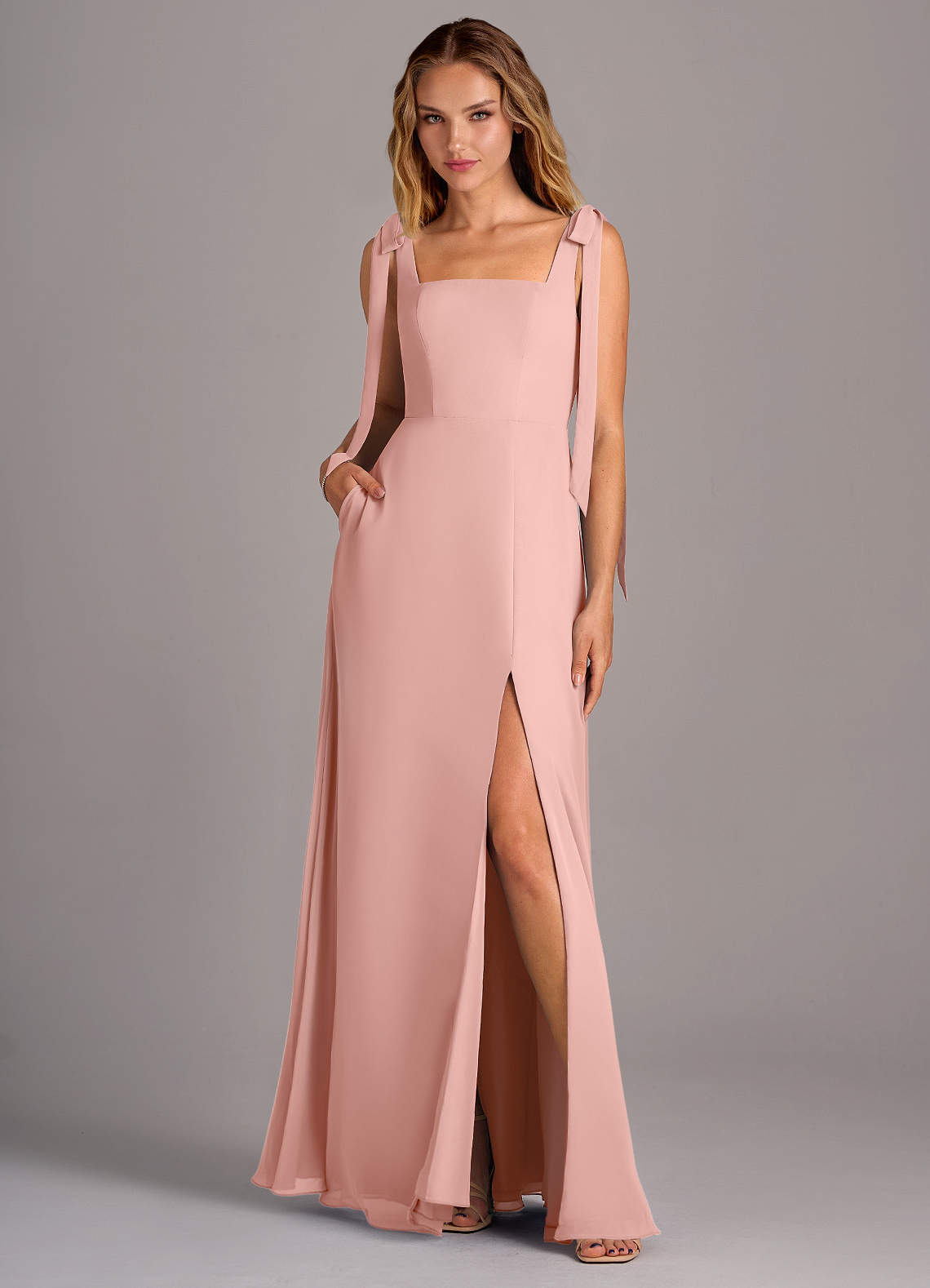 Azazie Debra Bridesmaid Dresses Rosette A-Line with Pockets Chiffon Convertible Dress image1