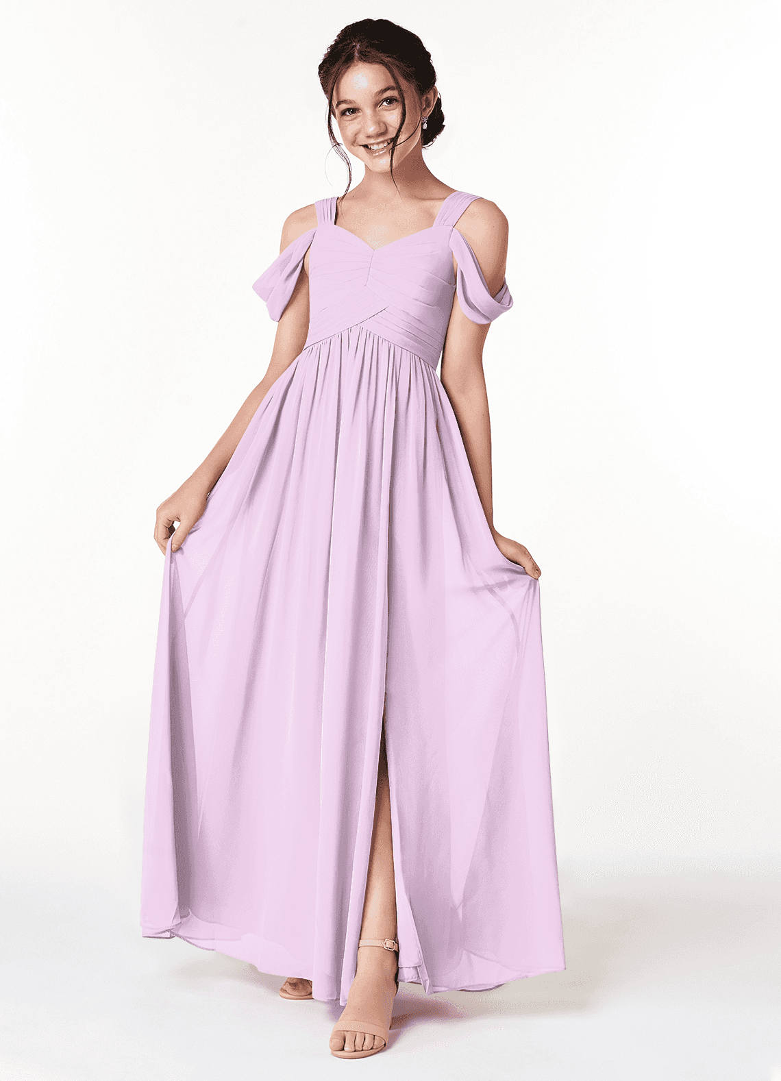 Azazie Lianne Junior Frosted Lilac A-Line Off the Shoulder Chiffon Dress image1