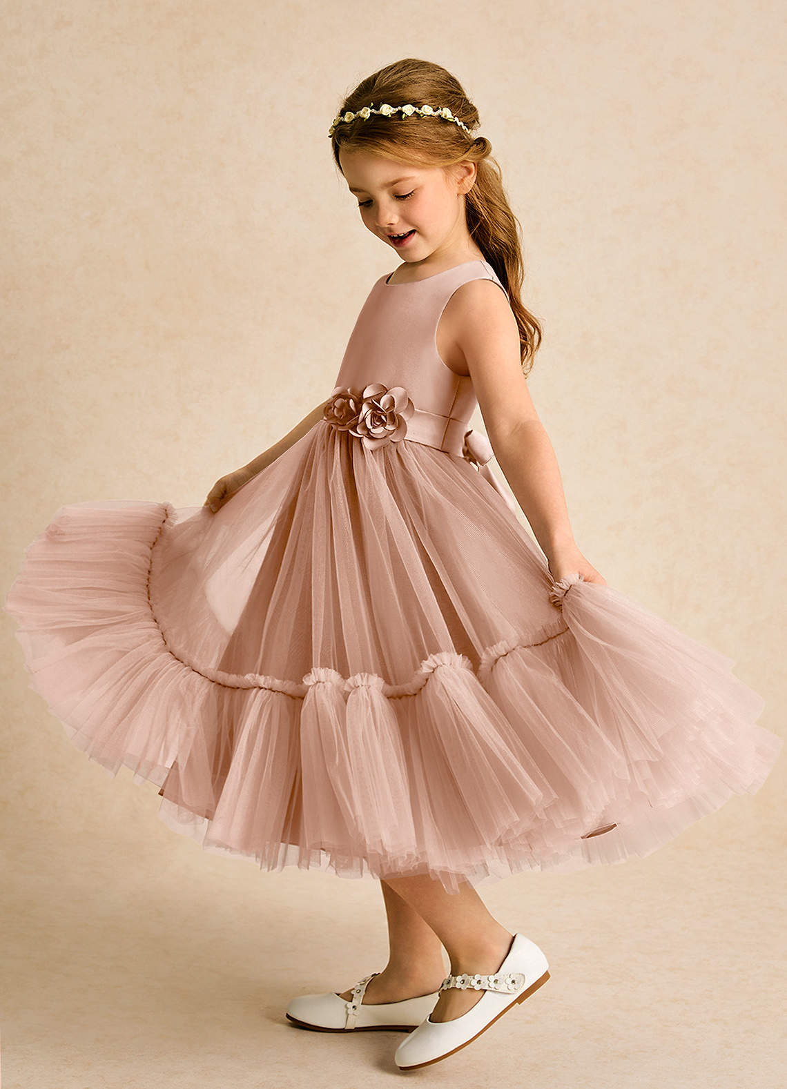 Azazie Miracle Flower Girl Dresses Champagne Rose A-Line Bow Matte Satin Dress image1
