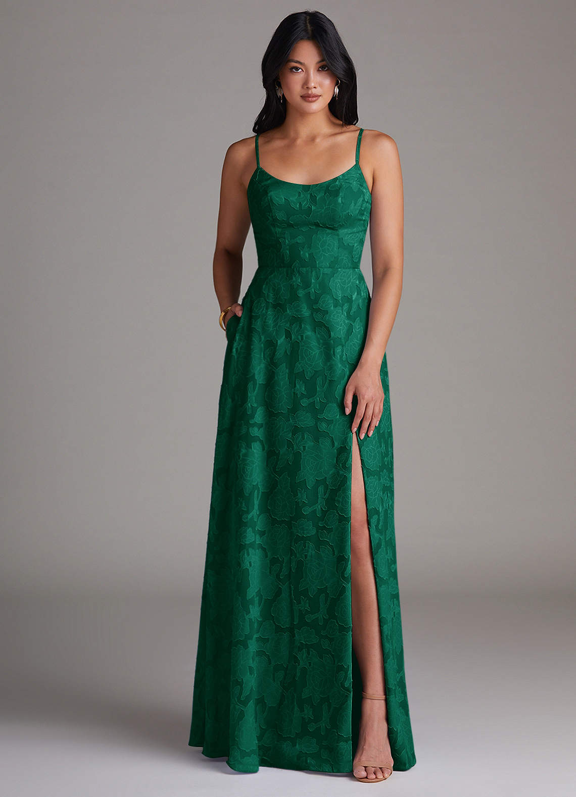 Azazie Moira Bridesmaid Dresses Emerald A-Line Side Slit Floral Burnout Dress image1