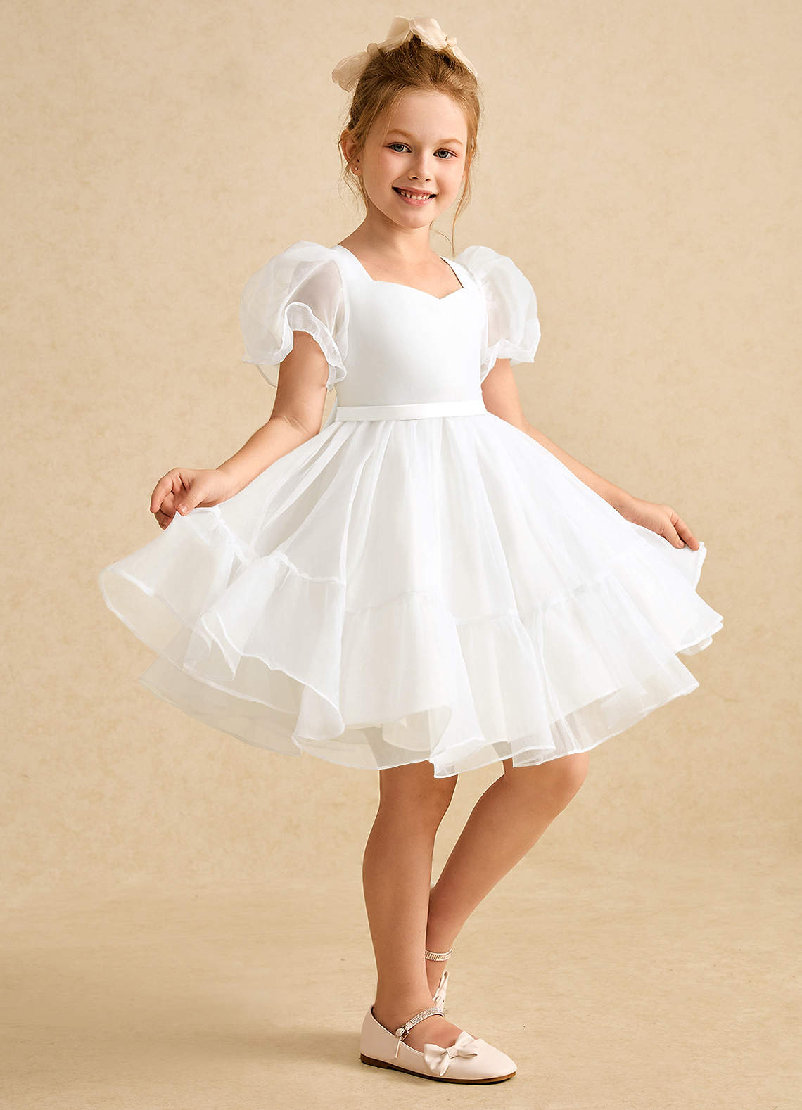Azazie Debbie Robe Demoiselle D'honneur Fillette Robe Princesse en Organza Encolure en Forme de Cœur Ivoire image4