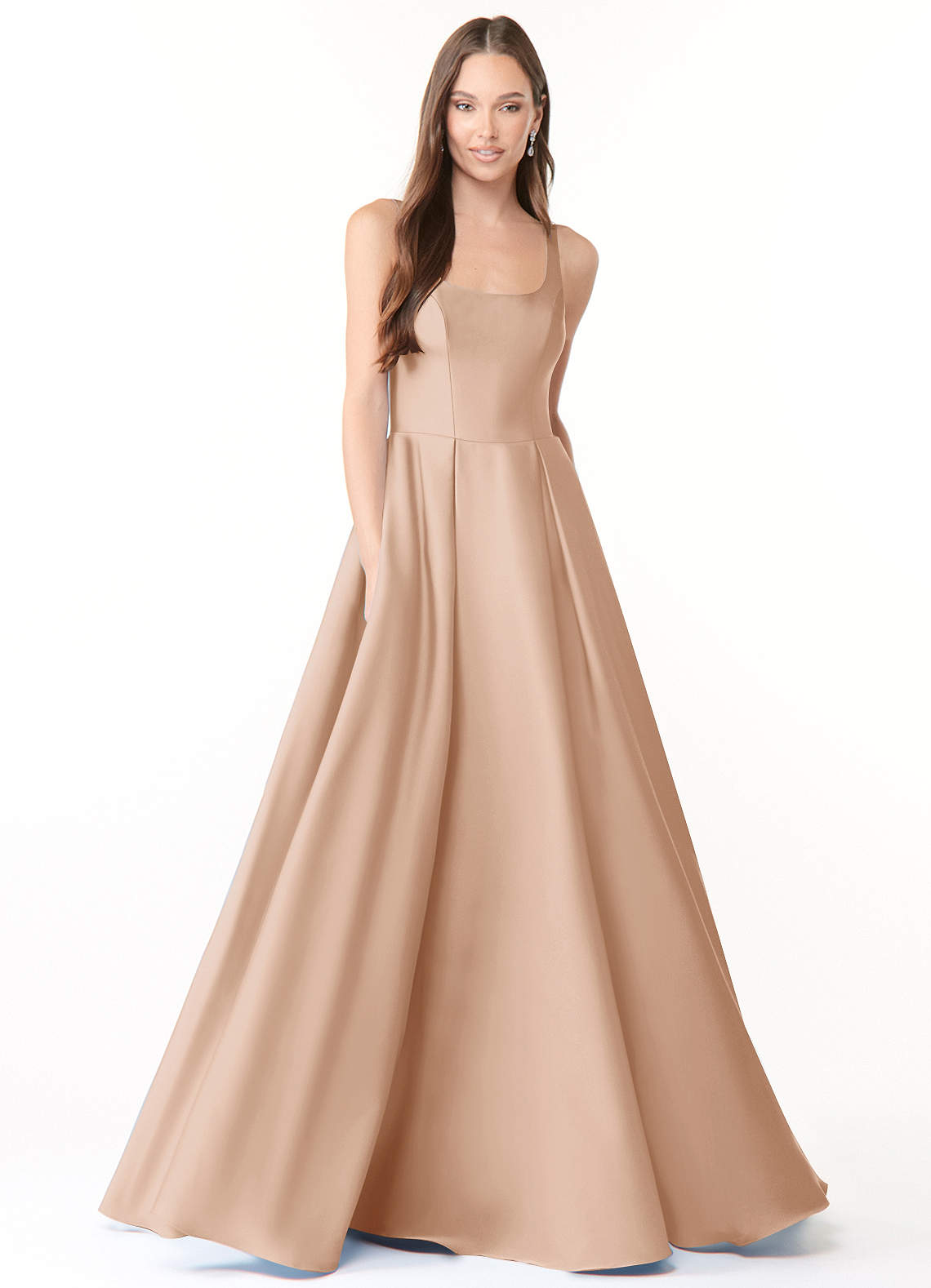 Azazie Neve Vestidos de damas de honor Vestido de Rosa Inglesa de Satén Elástico de Corte Princesa con Con bolsillos image1