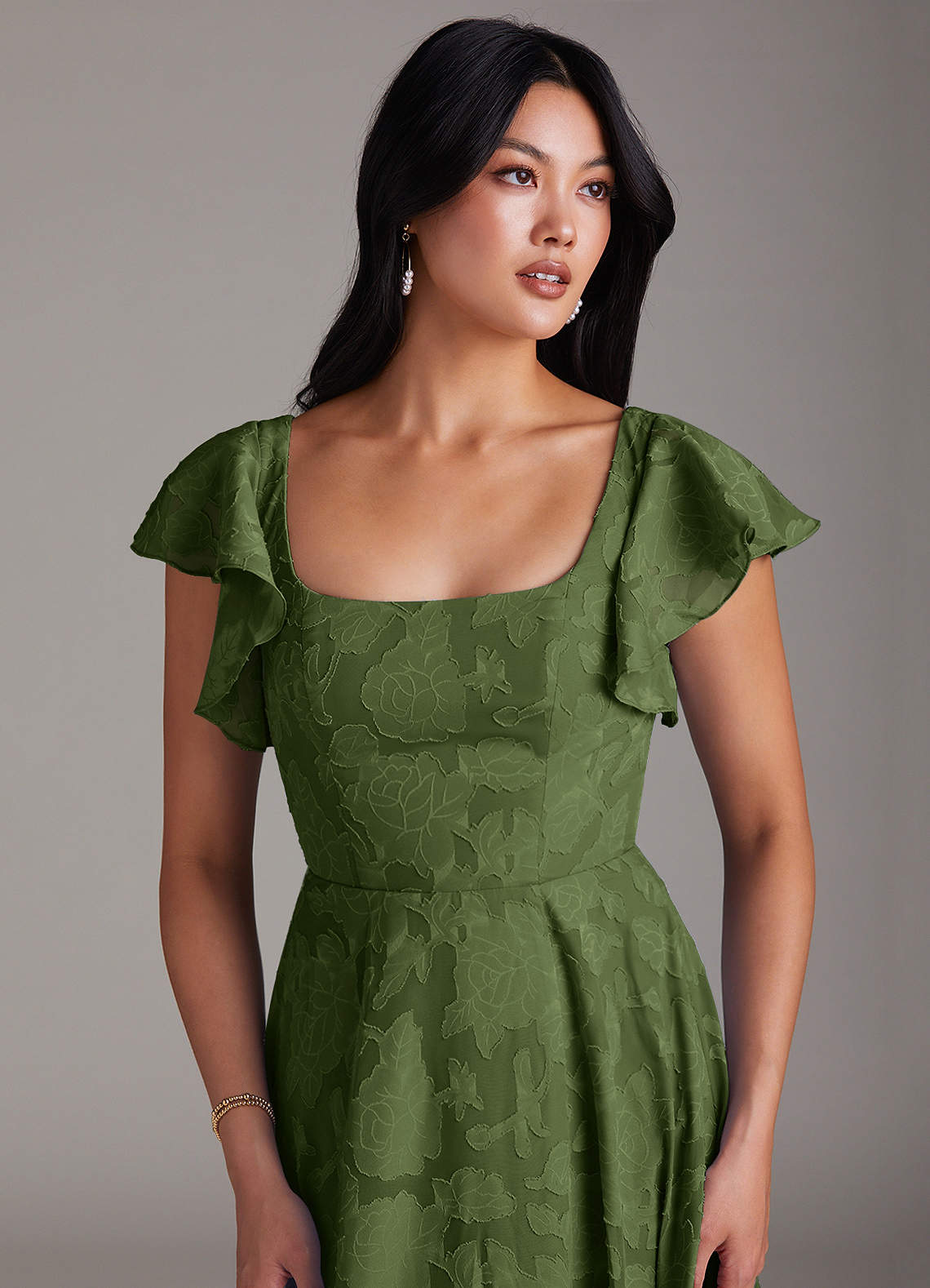 Azazie Bondi Vestidos de madrinha de casamento Vestido Oliva de Esgotamento Floral de Linha A com Fenda Lateral image5