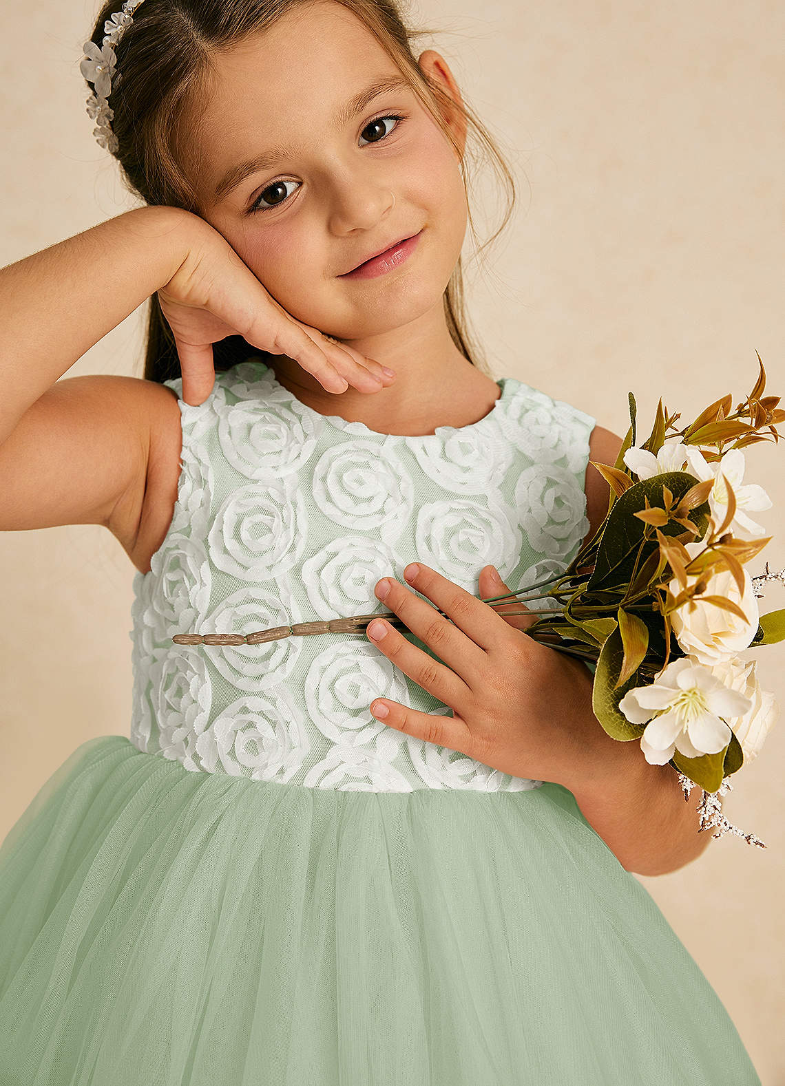 Azazie Missy Flower Girl Dresses Ivory Dusty Sage A-Line Sleeveless Tulle Dress image1