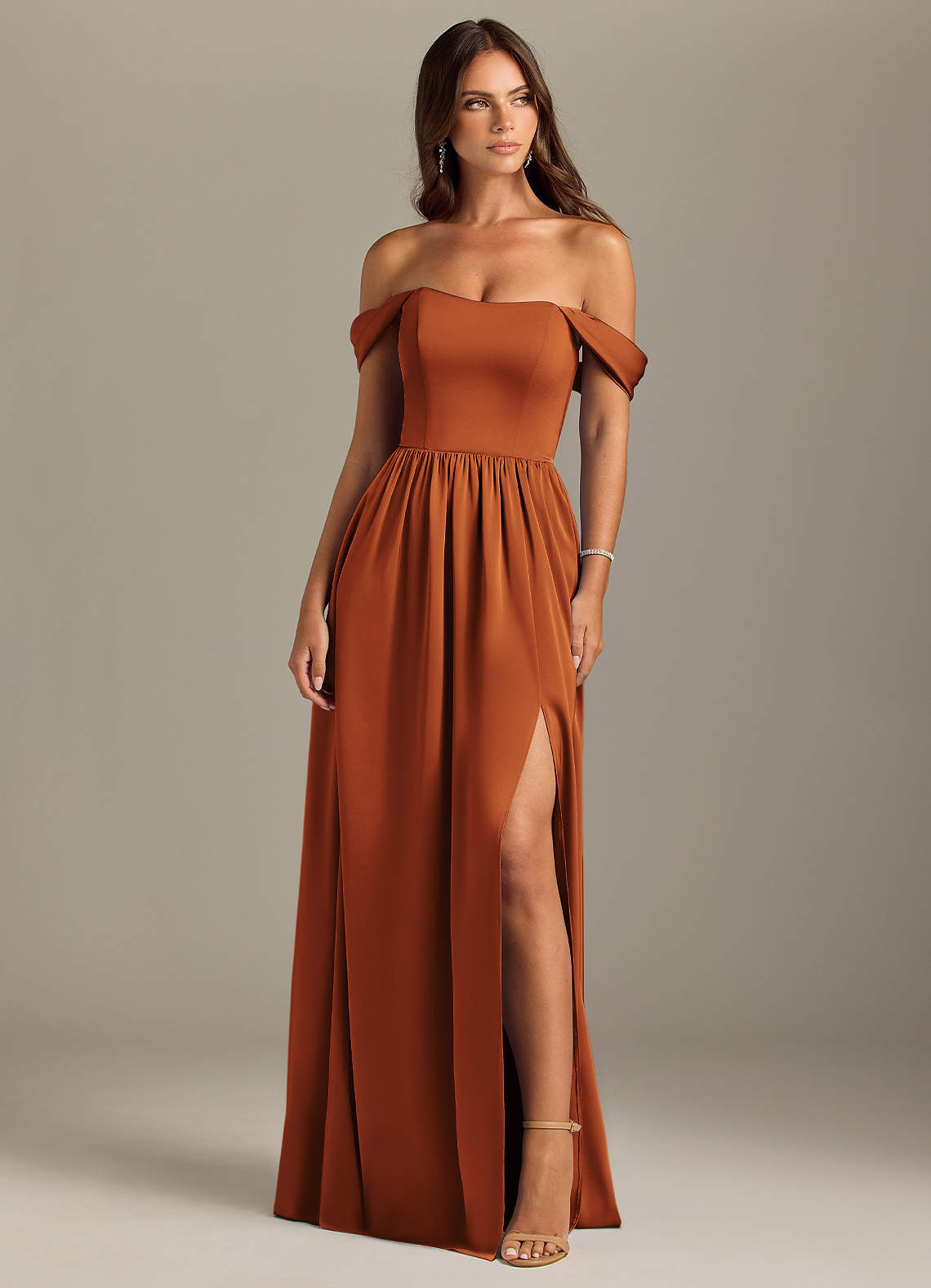 Azazie Calianna Bridesmaid Dresses Cinnamon A-Line Off the Shoulder Stretch Satin Convertible Dress image1