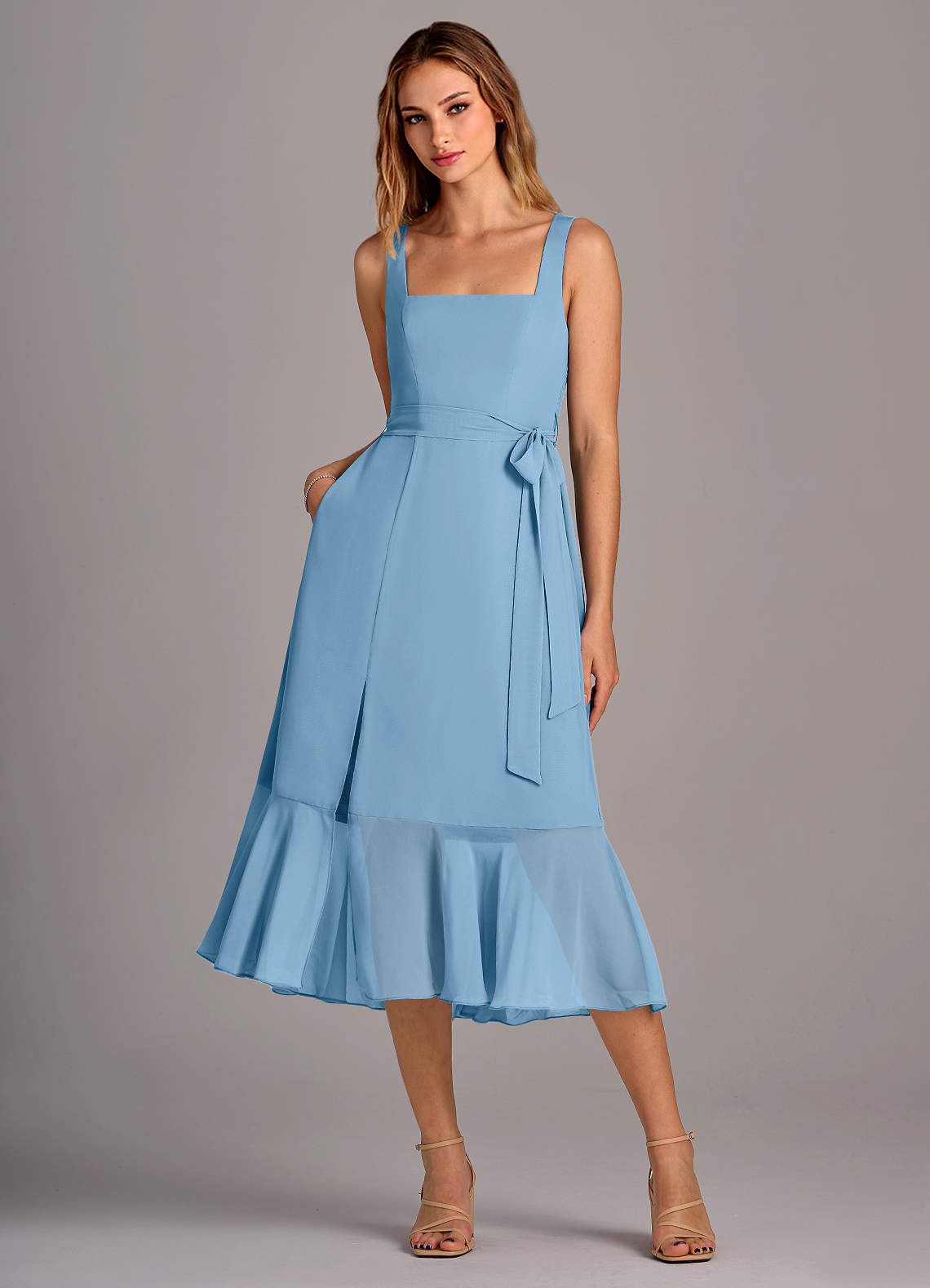 Azazie Deb Robes de demoiselle d'honneur Robe Trapèze Convertible en Mousseline de soie avec poches Acier Bleuté image1