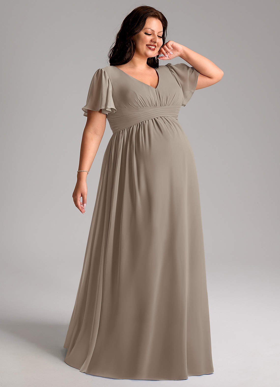 Azazie Verna Maternity Bridesmaid Dresses A-Line V-Neck Ruched Chiffon Floor-Length Dress image1