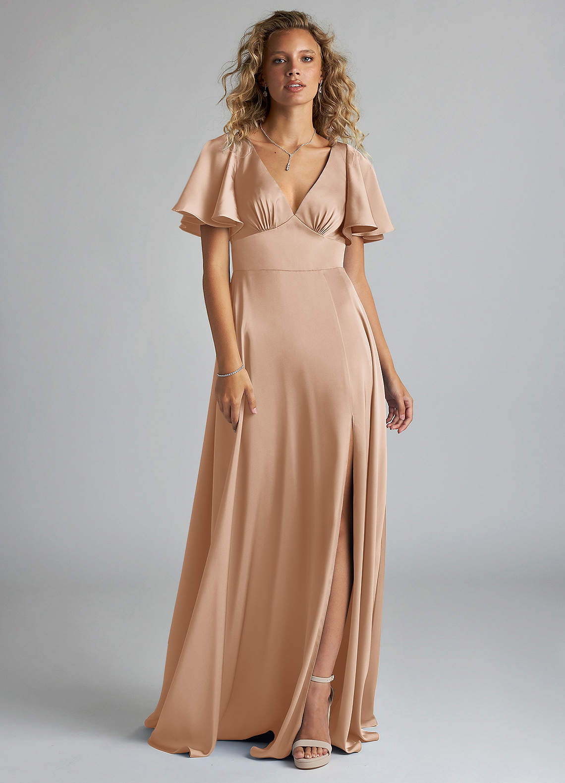 Azazie Kimber Bridesmaid Dresses English Rose A-Line Ruched Stretch Satin Dress image2