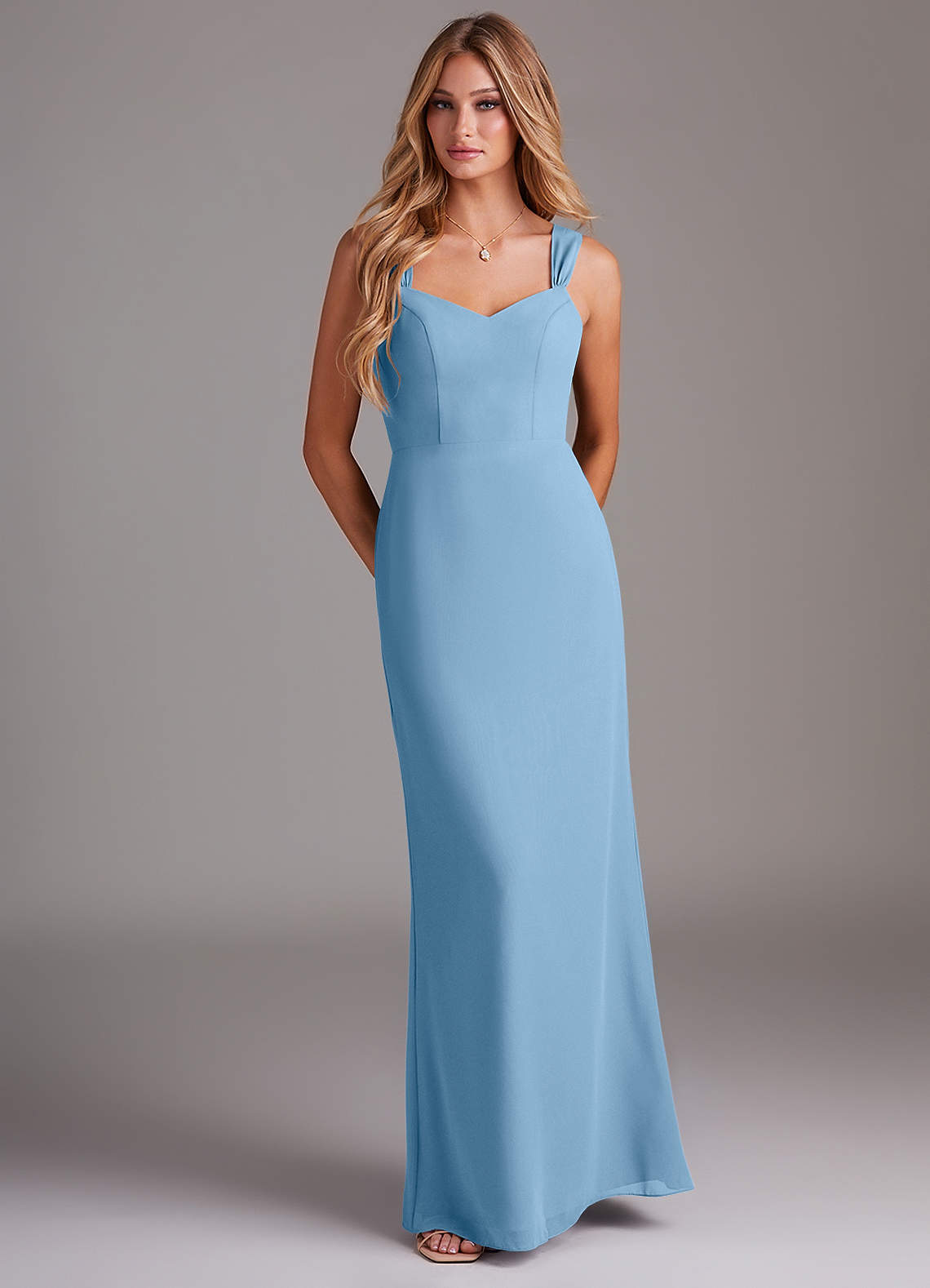 Azazie Denice Abiti da Damigella Abito Tubino in Chiffon a Pieghe Blu Acciaio image1