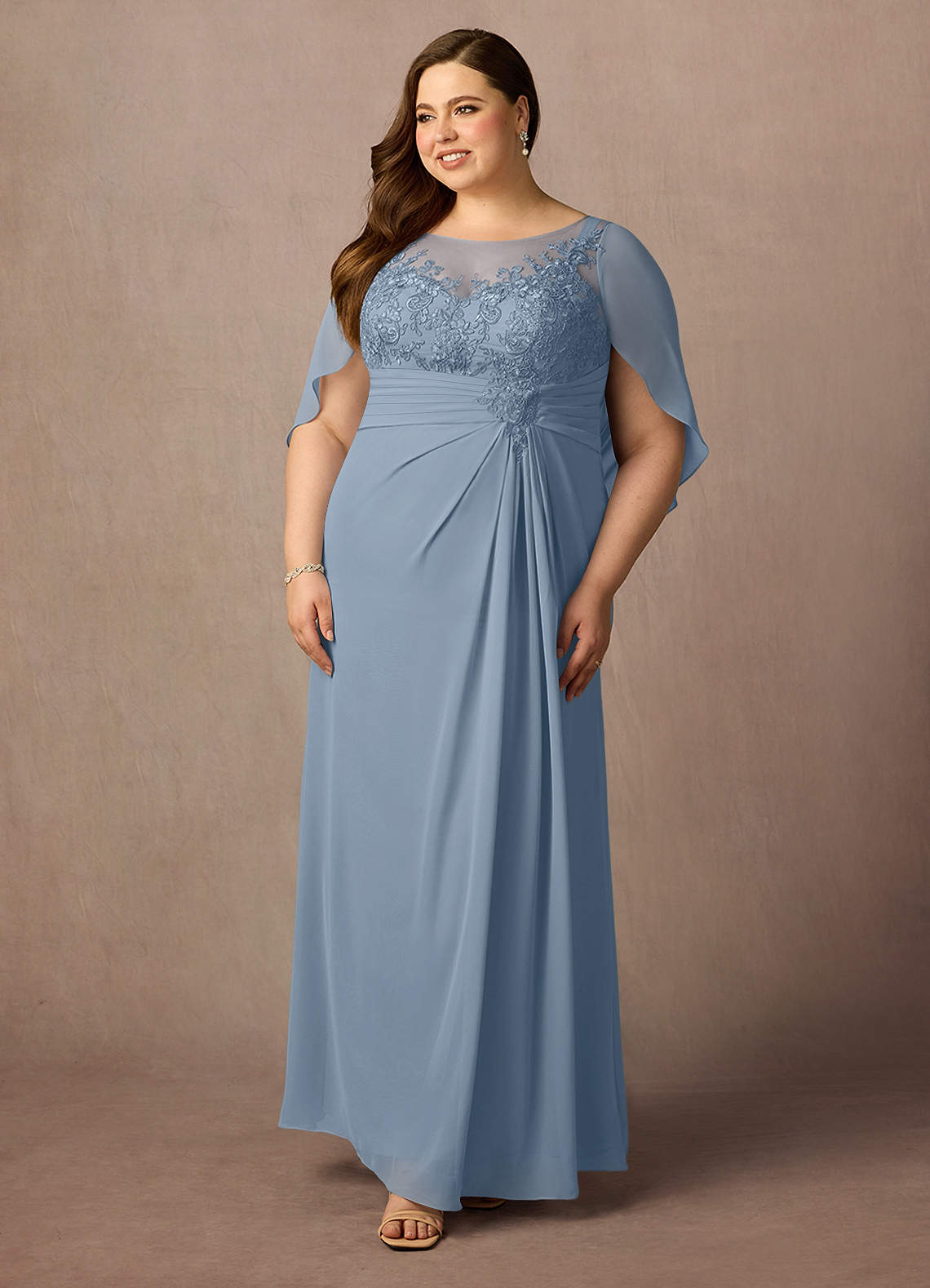 Azazie Hera vestidos de madre de la novia Vestido de Azul Polvoriento de Gasa de Corte En A con Capa de encaje image8