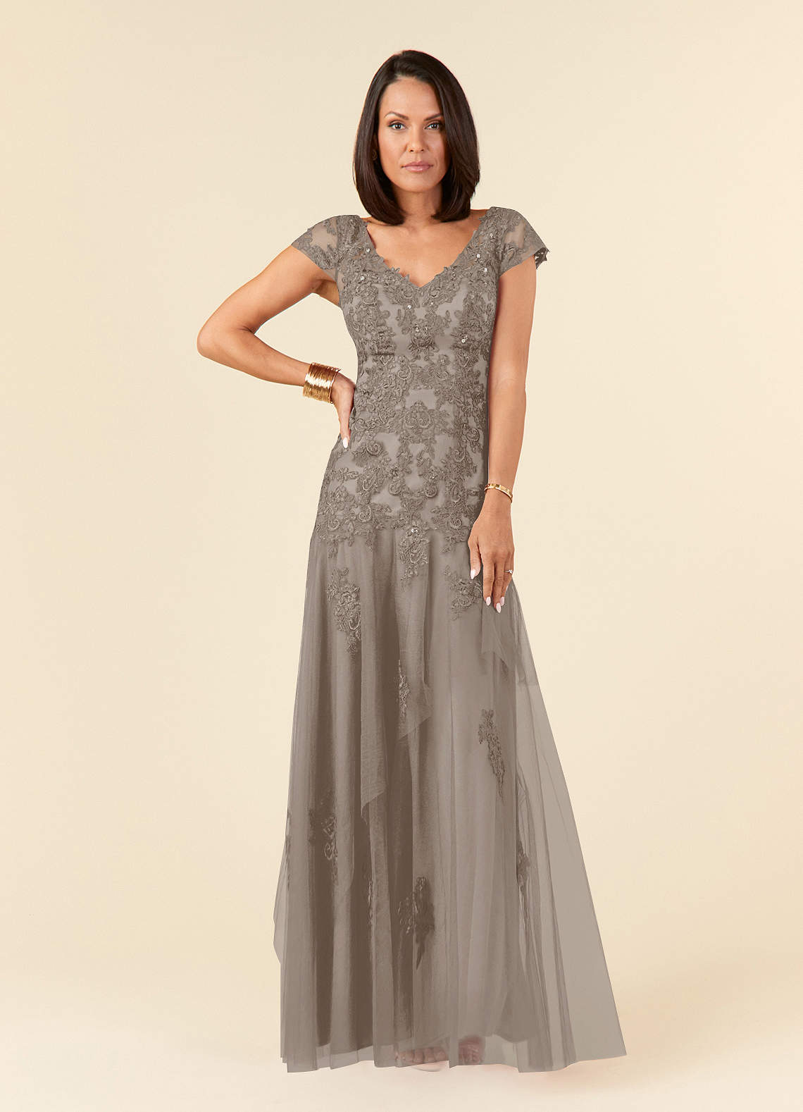 Azazie Romy Mother of the Bride Dresses Taupe Mermaid V-Neck Sequins Tulle Dress image1