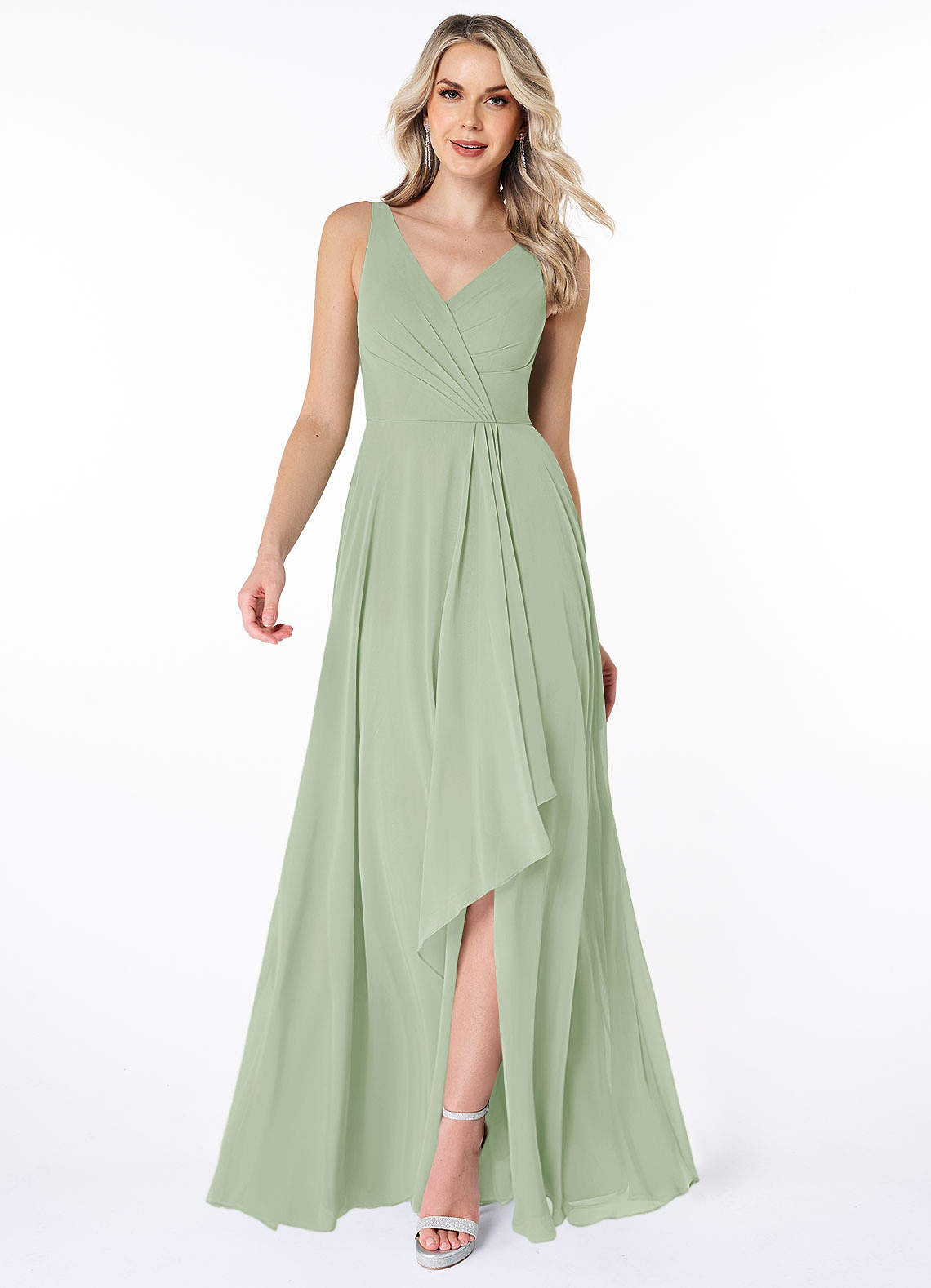 Azazie Calvi Bridesmaid Dresses Dusty Sage A-Line Ruched Chiffon Dress image1