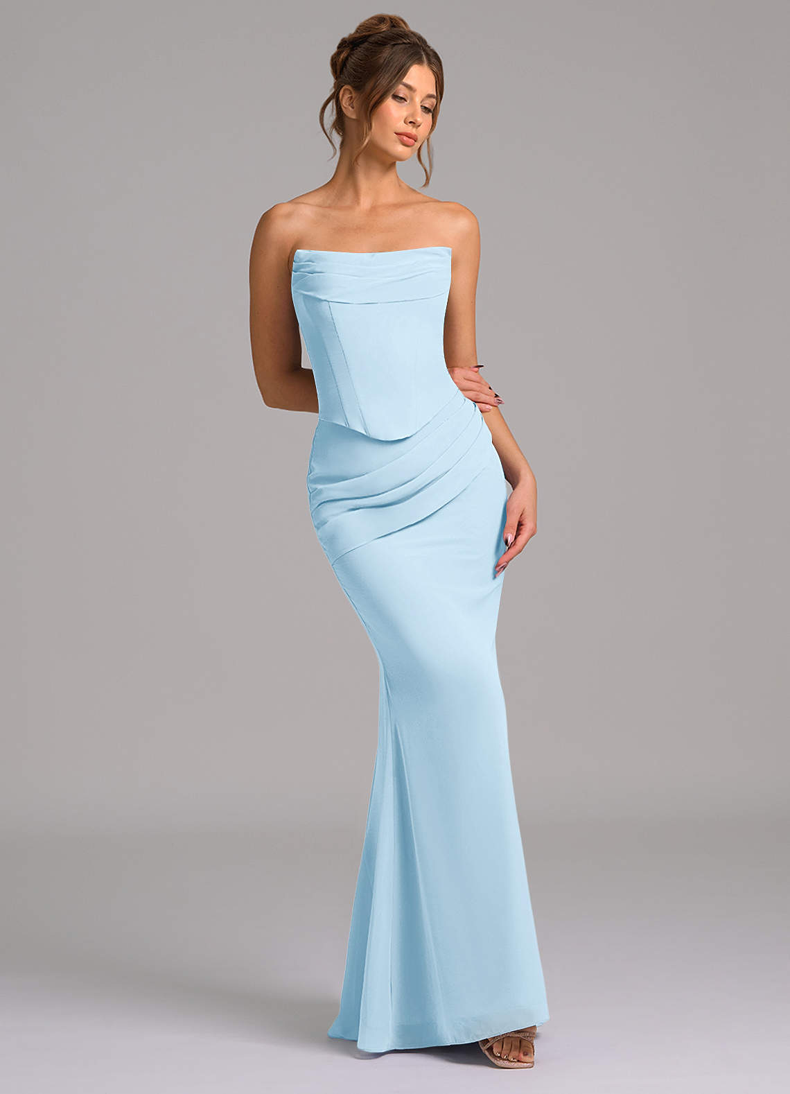 Azazie Sorrel Vestidos de damas de honor Vestido de Azul Cielo de Gasa de Corte Sirena con Corsé image6