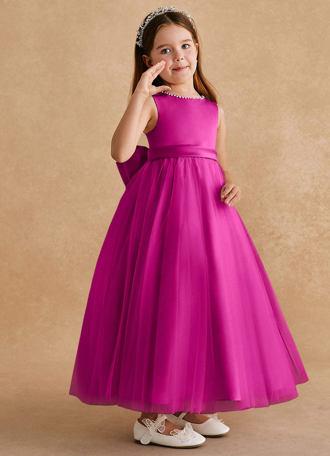 Azazie Cookie Blumenmädchenkleider A-Linie Schleifen Tüll Kleid Fuchsia image1
