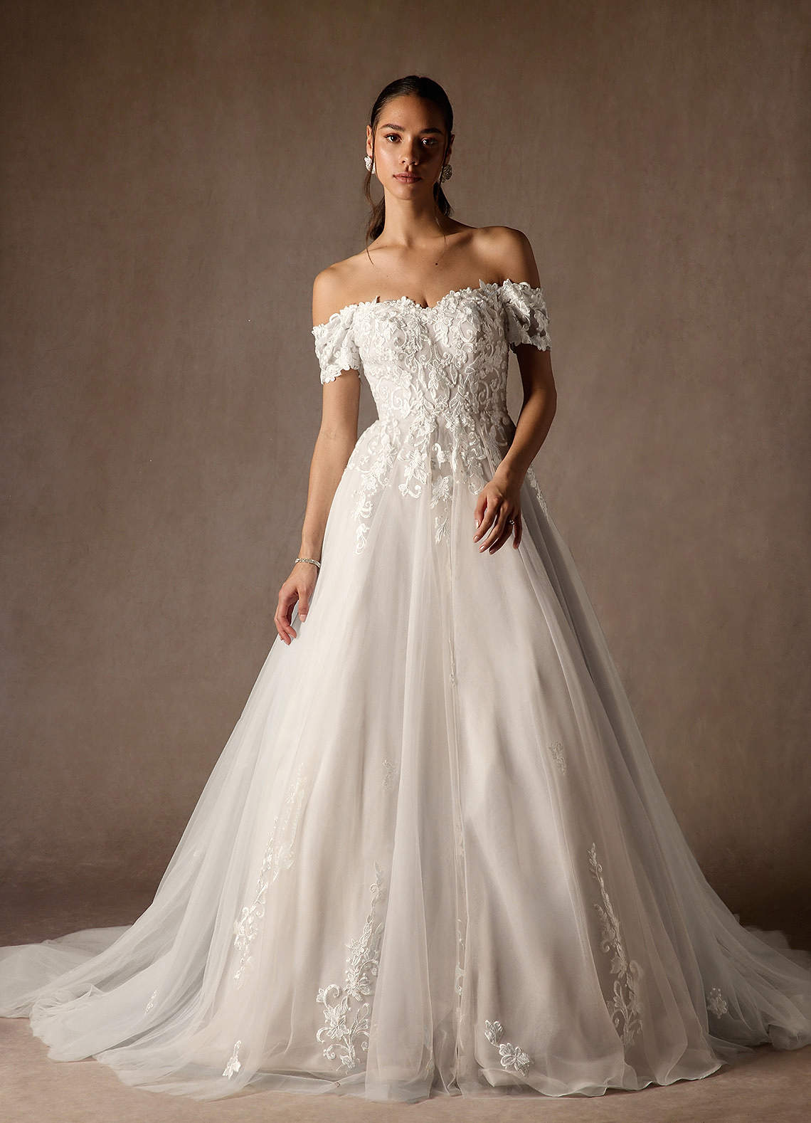 Azazie Rowe Wedding Dresses Diamond White Sand Ball-Gown Off the Shoulder Tulle Dress image1