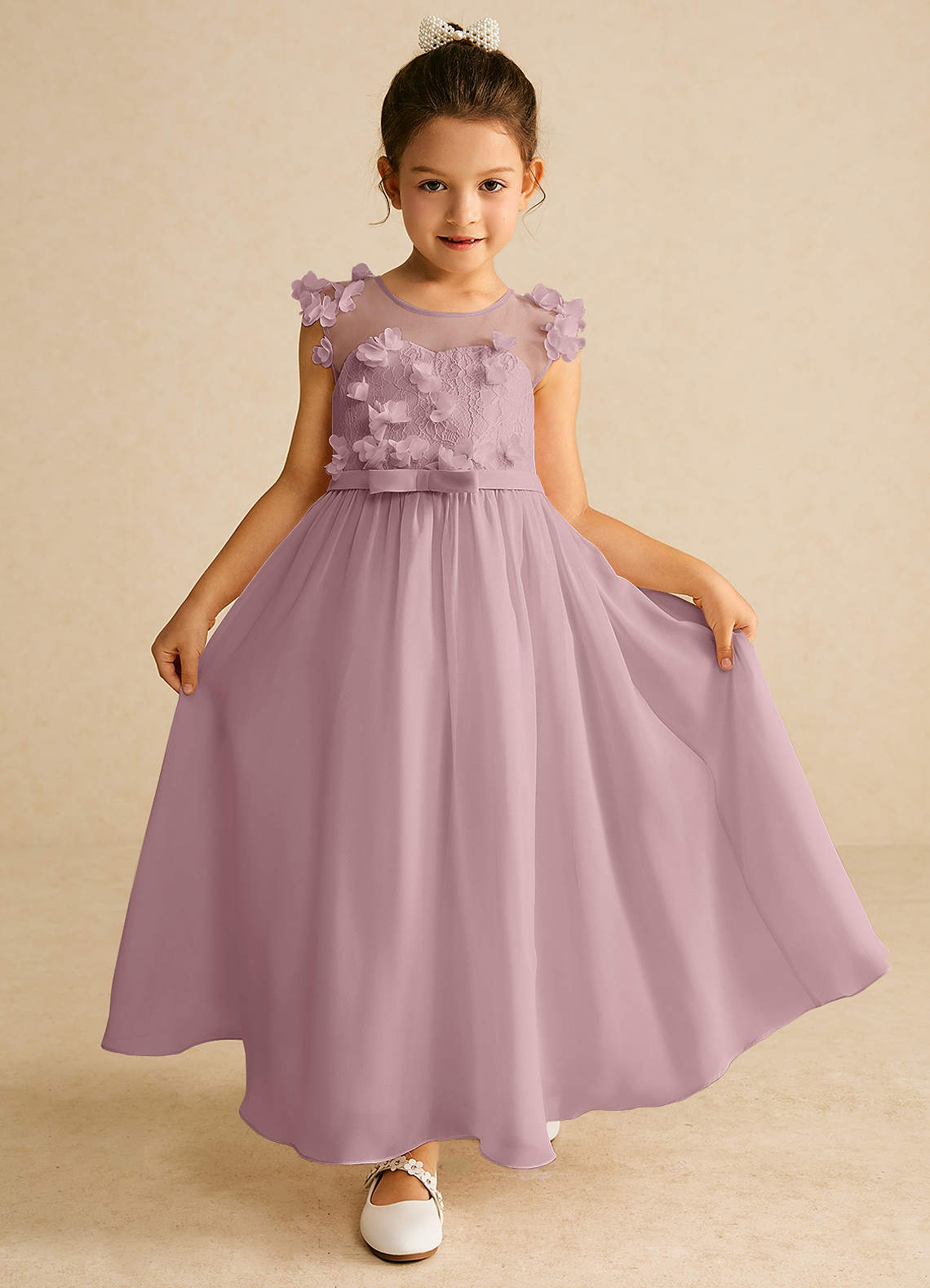 Azazie Arlo Flower Girl Dresses Dusty Rose A-Line Bow Chiffon Dress image1