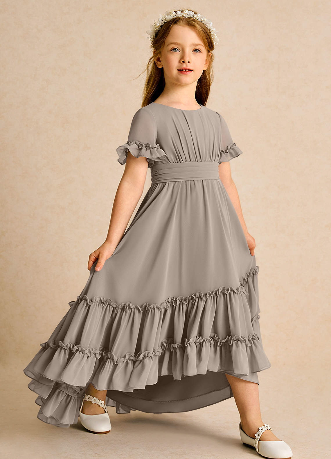 Azazie Kass Flower Girl Dresses Taupe A-Line Pleated Chiffon Dress image1
