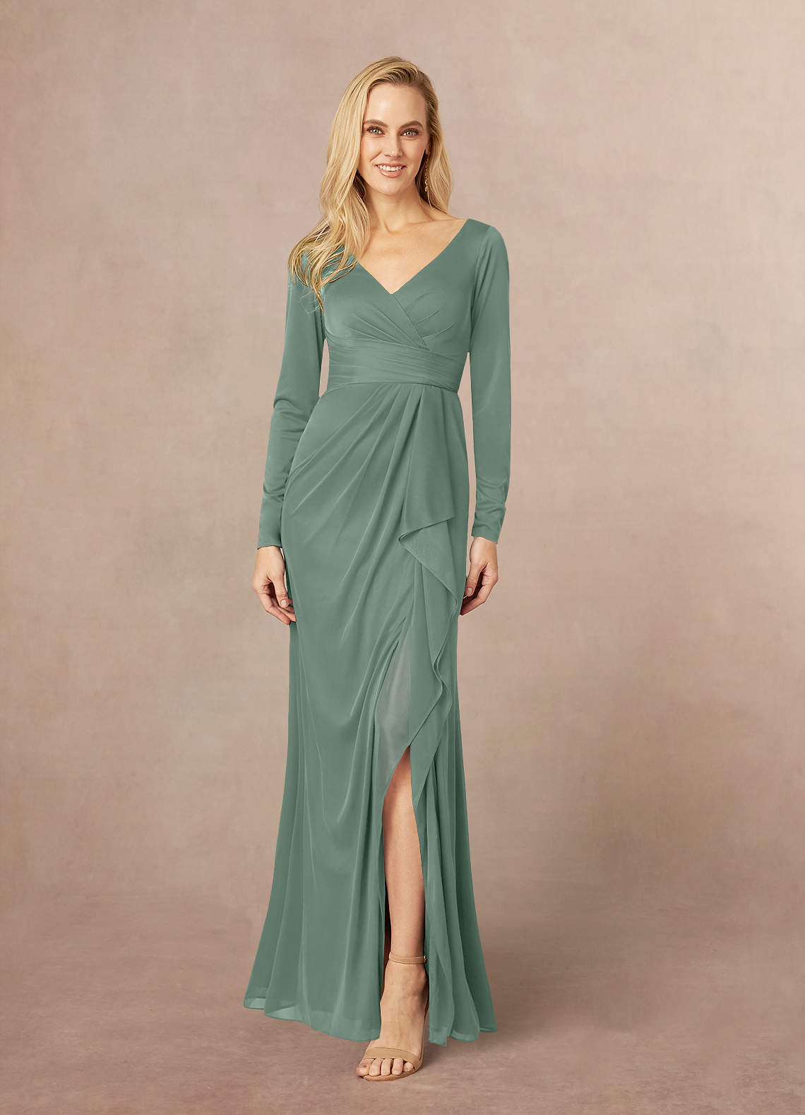 Azazie Risa Mother of the Bride Dresses Eucalyptus Mermaid V-Neck Pleated Mesh Dress image1