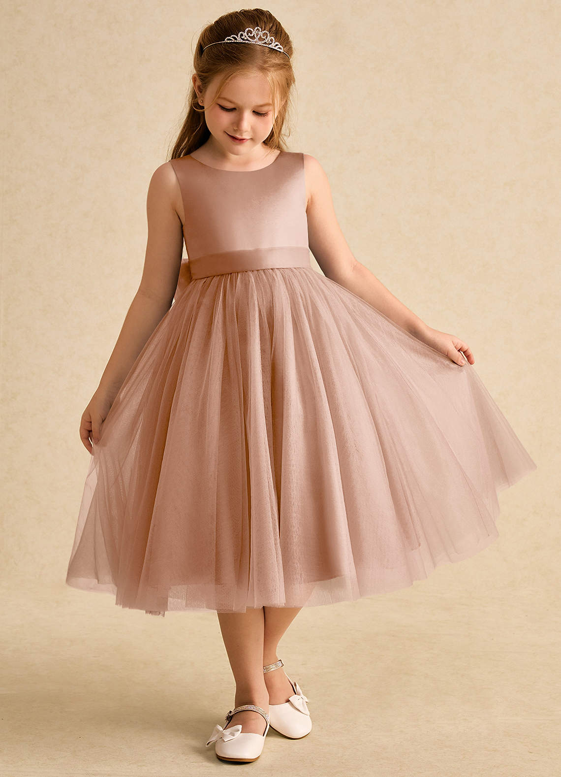 Azazie Winnie Flower Girl Dresses Champagne Rose Ball-Gown Bow Tulle Dress image1