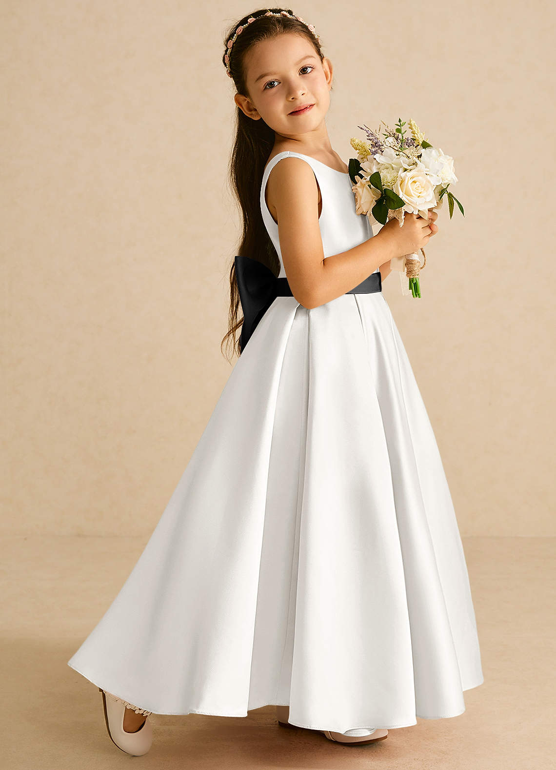 Azazie Pipsy Flower Girl Dresses Ivory Black A-Line Bow Matte Satin Dress image2