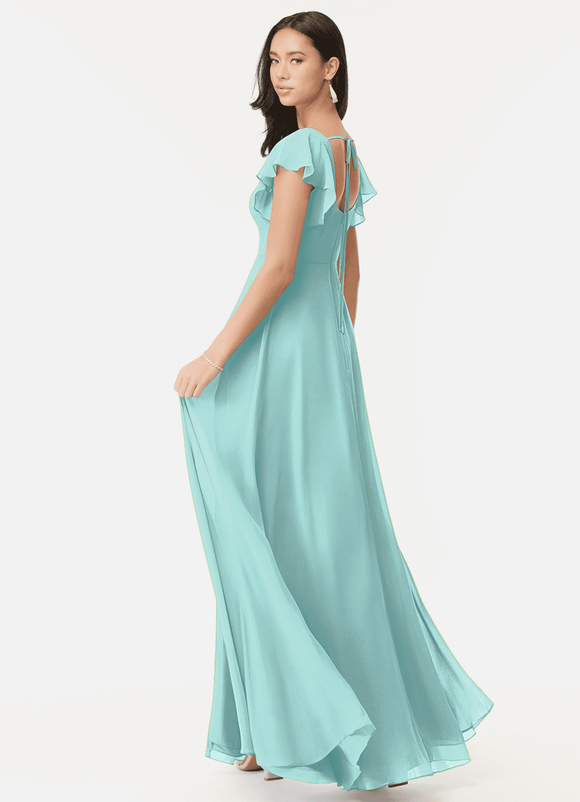 Azazie Bondi Bridesmaid Dresses Aqua A-Line Ruffled Chiffon Dress image4