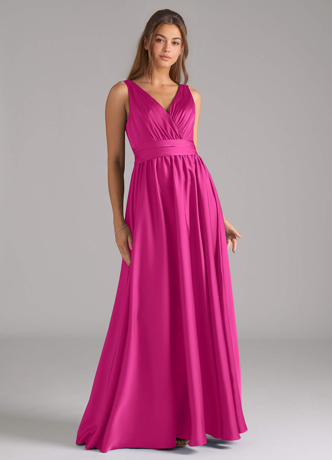 Azazie Kora Bridesmaid Dresses Fuchsia A-Line Pleated Stretch Satin Dress image1