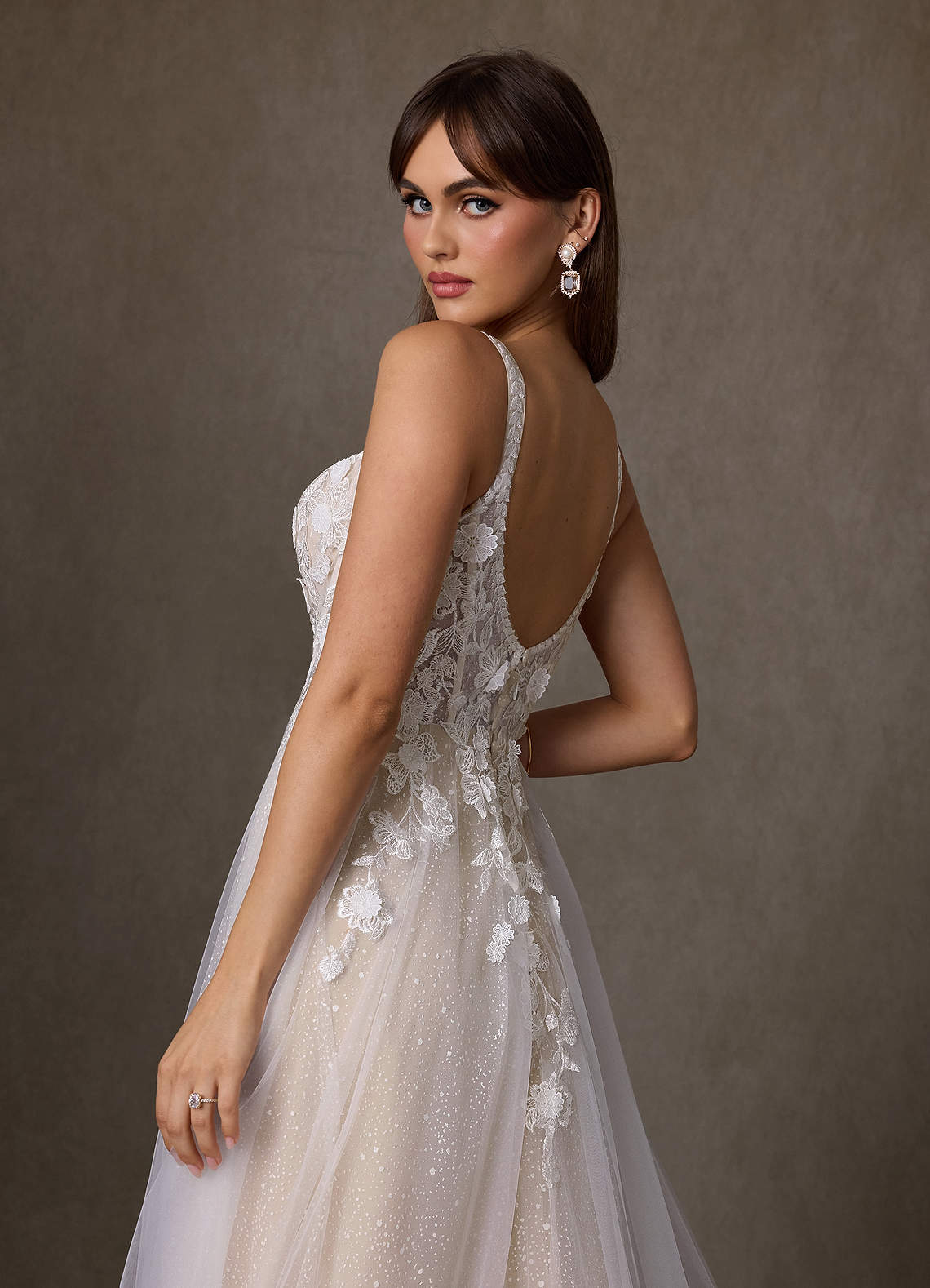 champagne and silver wedding dress BABARONI Tulle Lace Ivory/Champagne Wedding Dresses A-line Off Shoulder Short Sleeve With Slit Sweep Train, Ivory/Champagne / US0