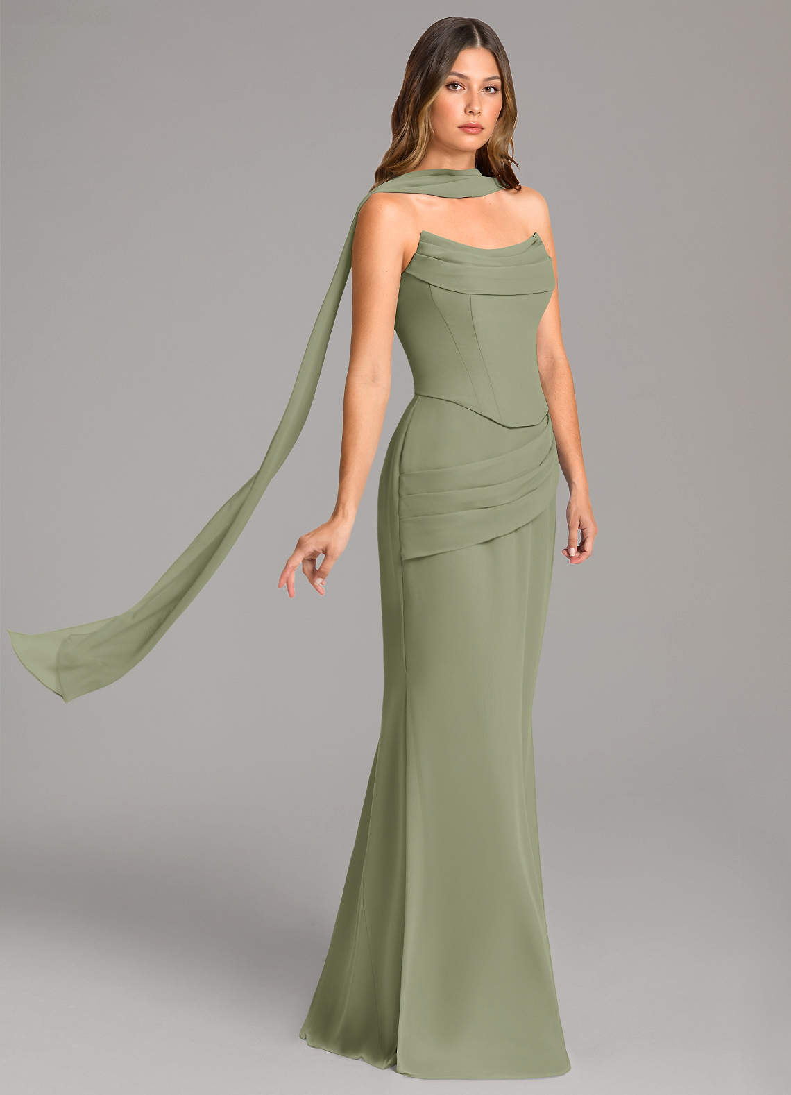 Azazie Sorrel Vestidos de damas de honor Vestido de Pistacho de Gasa de Corte Sirena con Corsé image3