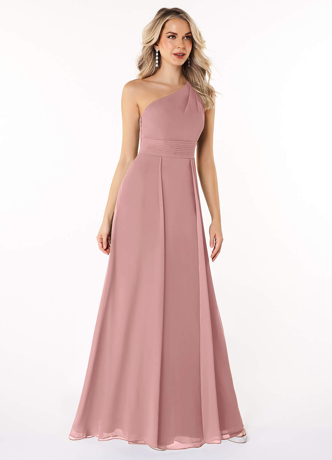 Azazie Plus Size A-Line One-Shoulder Floor-Length Chiffon Bridesmaid Dresses - Dusty Rose