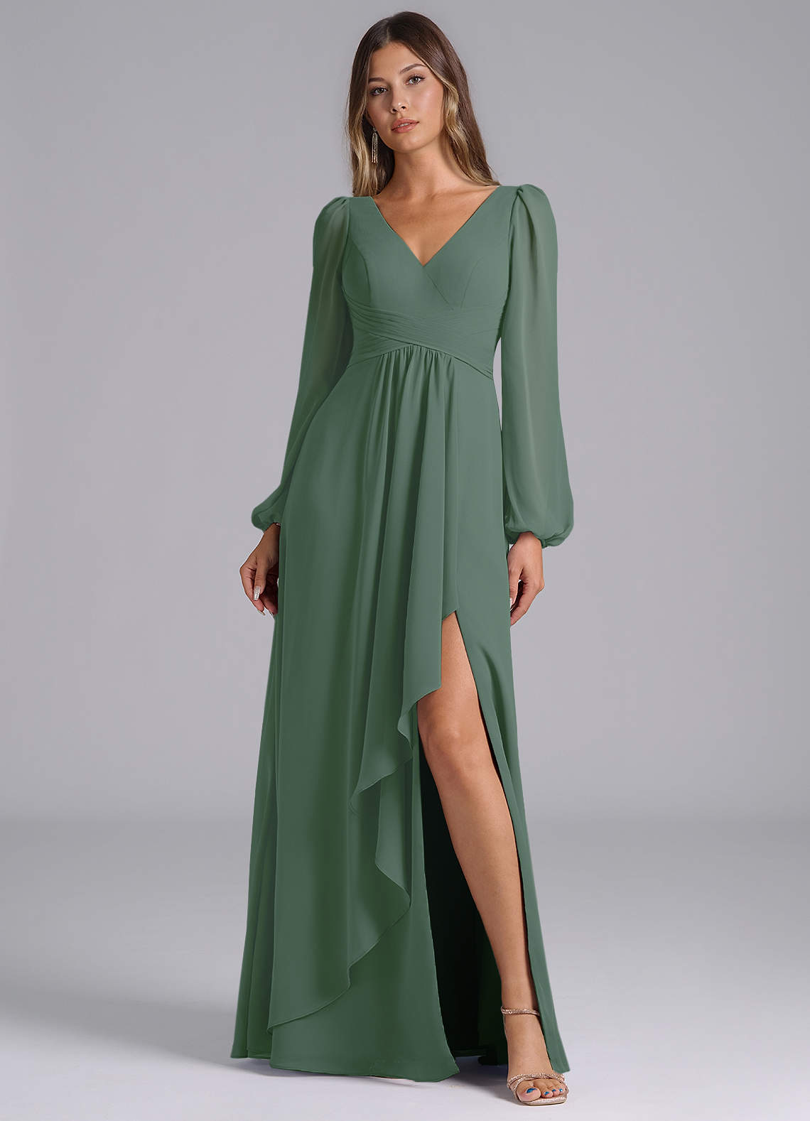 Azazie Omari Bridesmaid Dresses Eucalyptus A-Line Long Sleeve Chiffon Dress image1