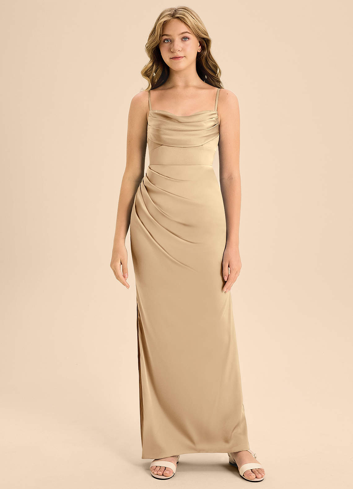Azazie Mai Junior Champagne A-Line Sweetheart Neckline Stretch Satin Dress image4