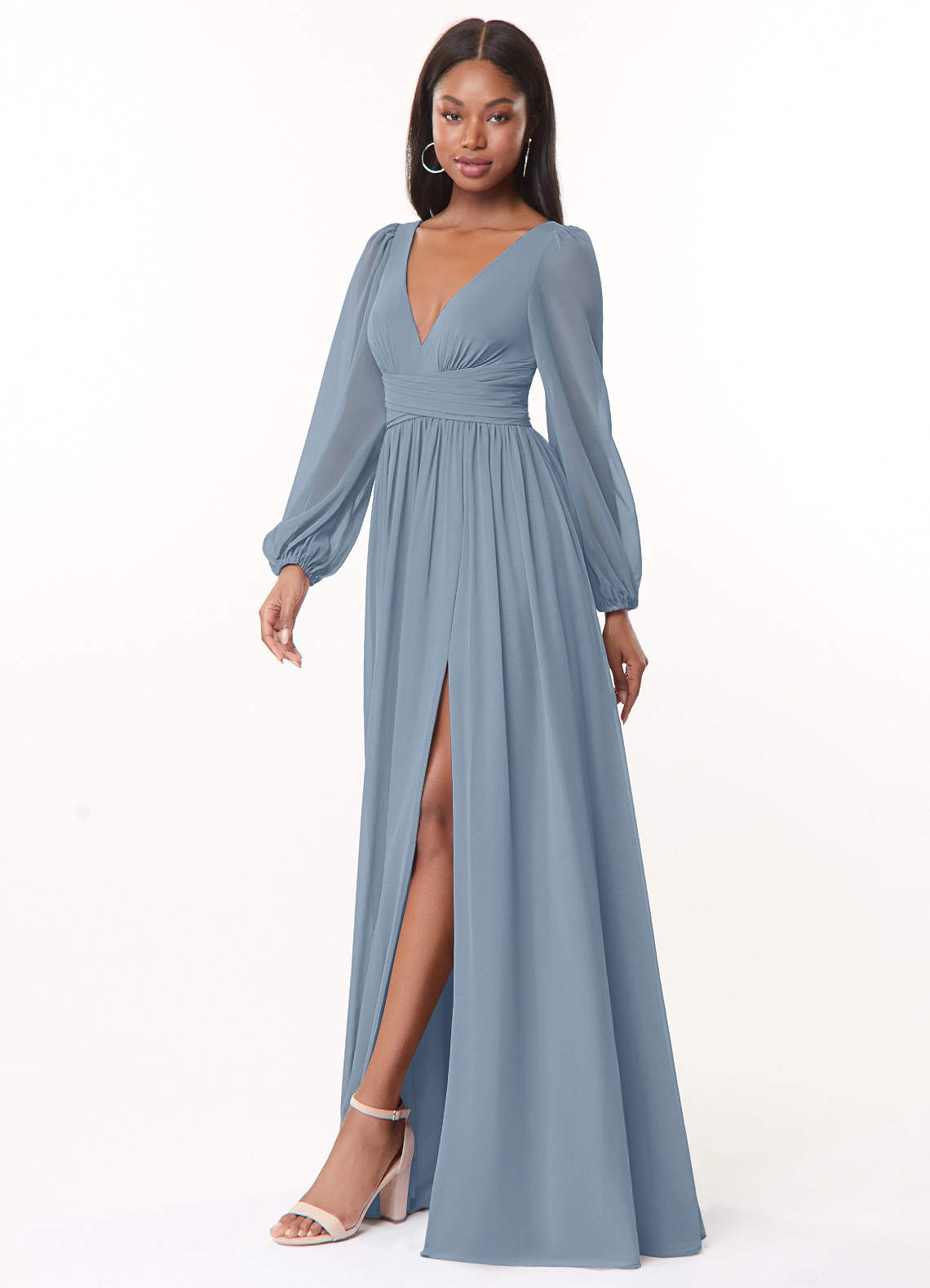 Azazie Norah Bridesmaid Dresses Dusty Blue A-Line V-Neck Long Sleeve Chiffon Dress image3