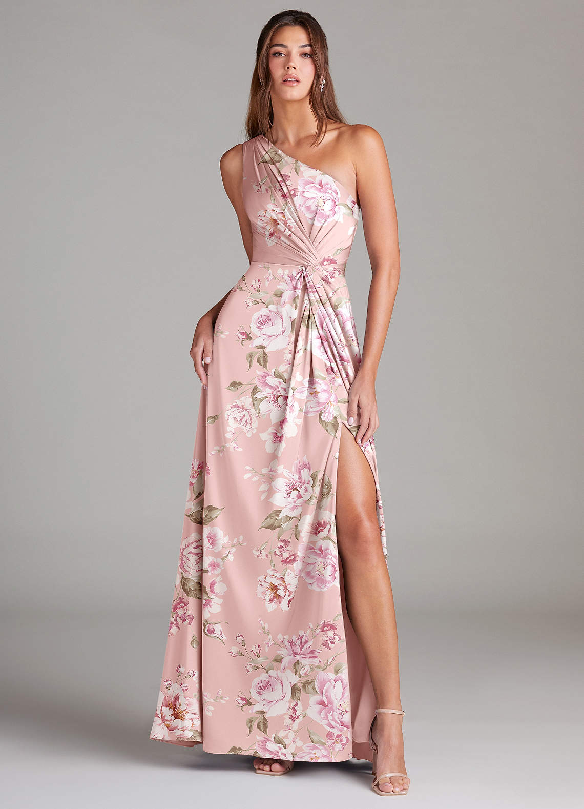 Azazie Brooke Bridesmaid Dresses Rosy Floral Bloom A-Line One Shoulder Stretch Satin Dress image1