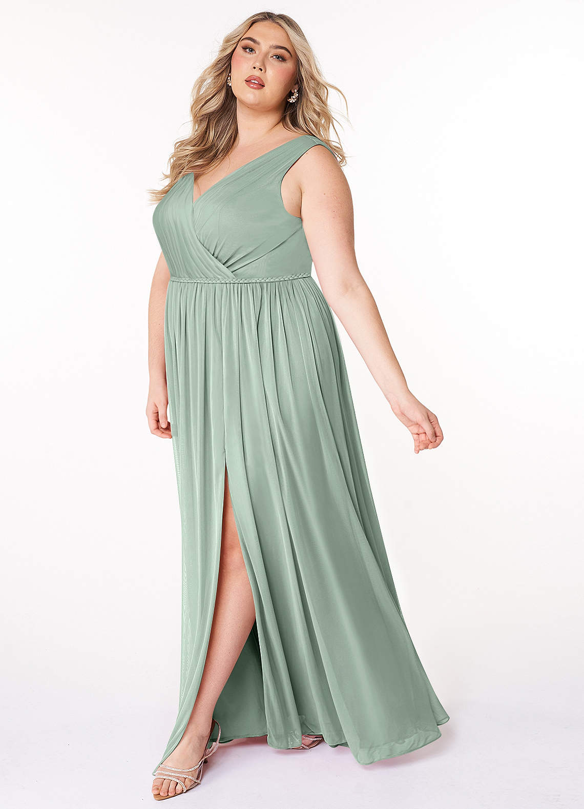 Azazie Tanicia Bridesmaid Dresses Agave A-Line V-Neck Pleated Mesh Dress image6