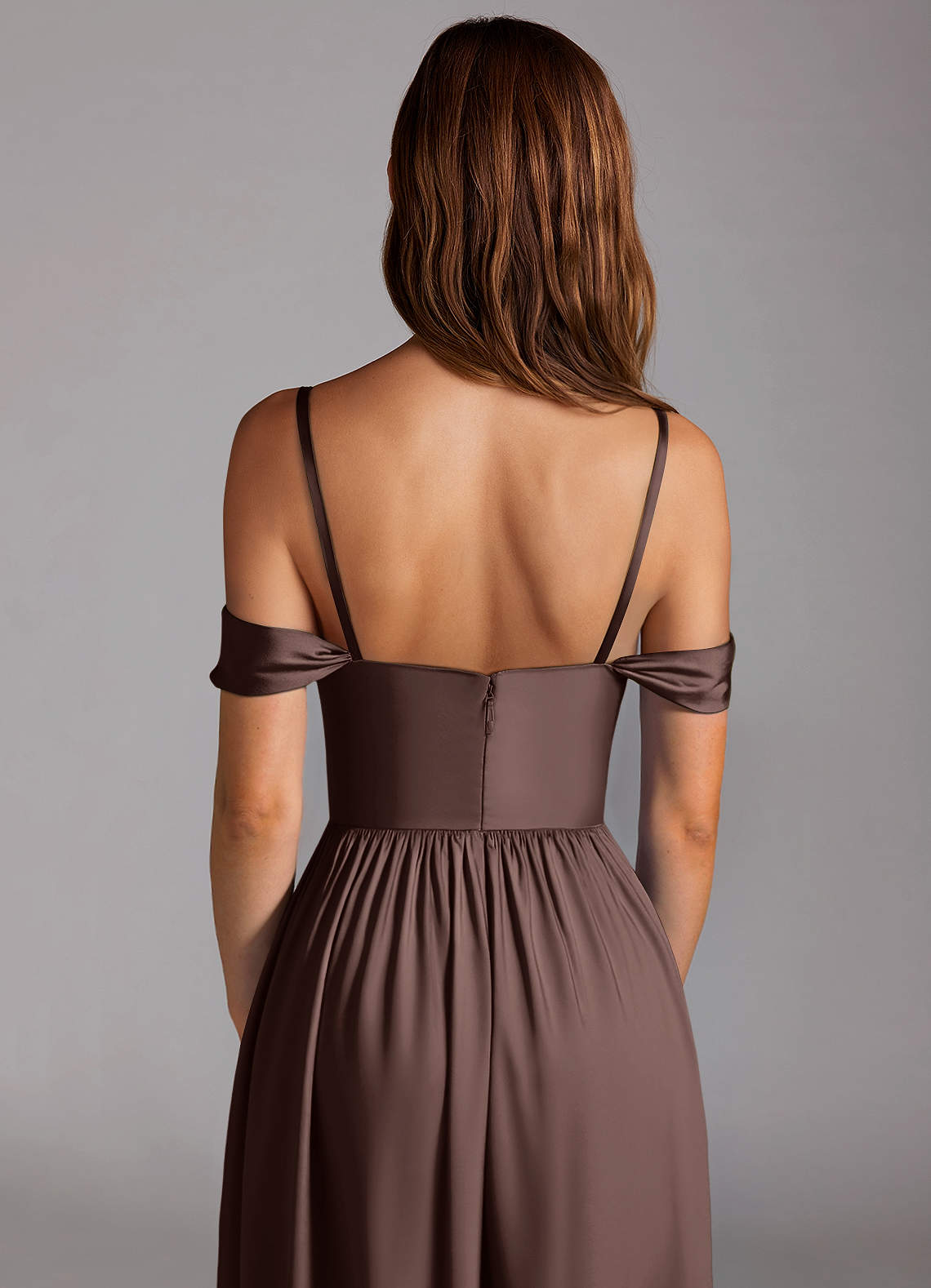 Azazie Calianna Bridesmaid Dresses Ganache A-Line Off the Shoulder Stretch Satin Convertible Dress image4