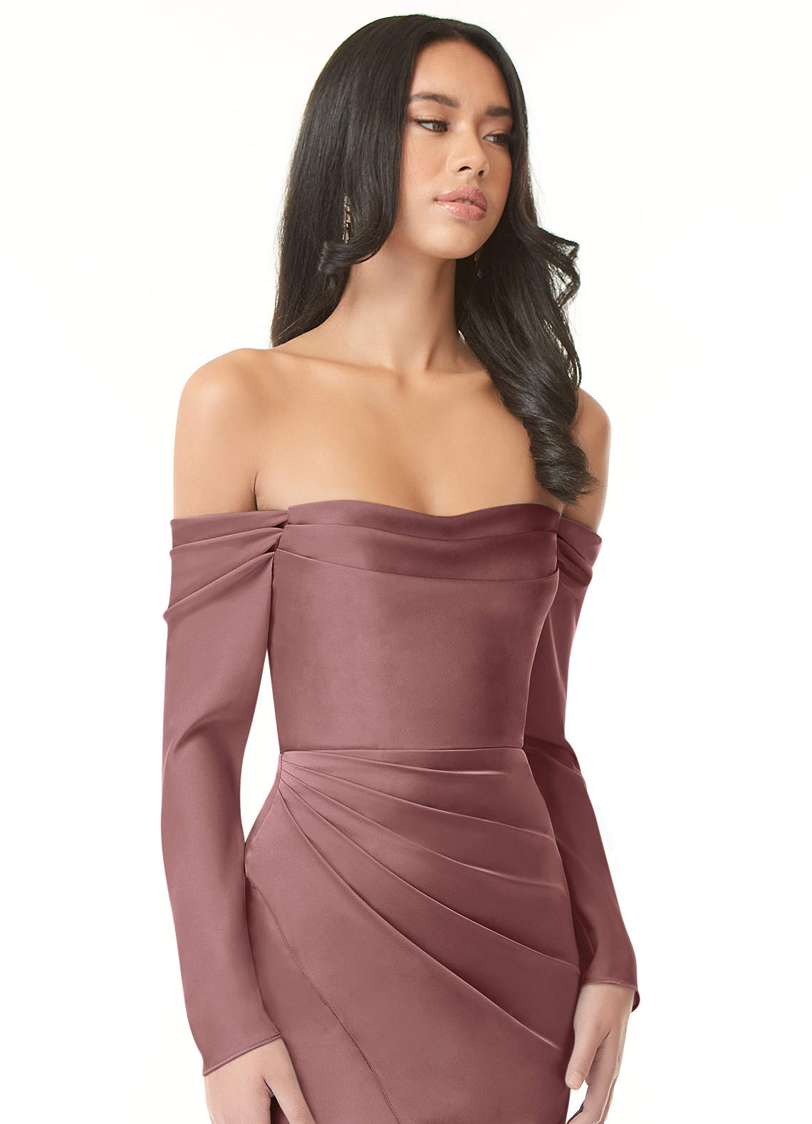 Azazie Hallie Bridesmaid Dresses Vintage Mauve Sheath Off-The-Shoulder Long Sleeve Stretch Satin Convertible Dress image1