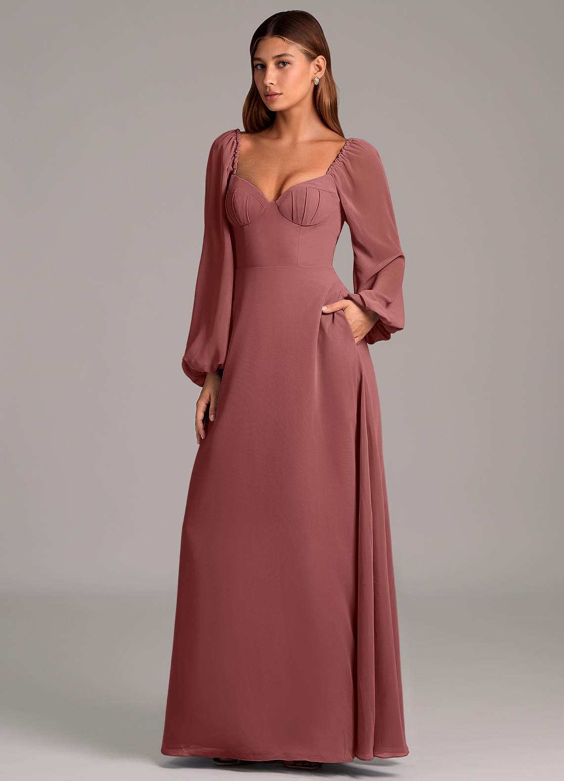 Azazie Annistyn 신부 들러리 드레스 A라인 긴팔 쉬폰 바닥 길이 드레스 image1