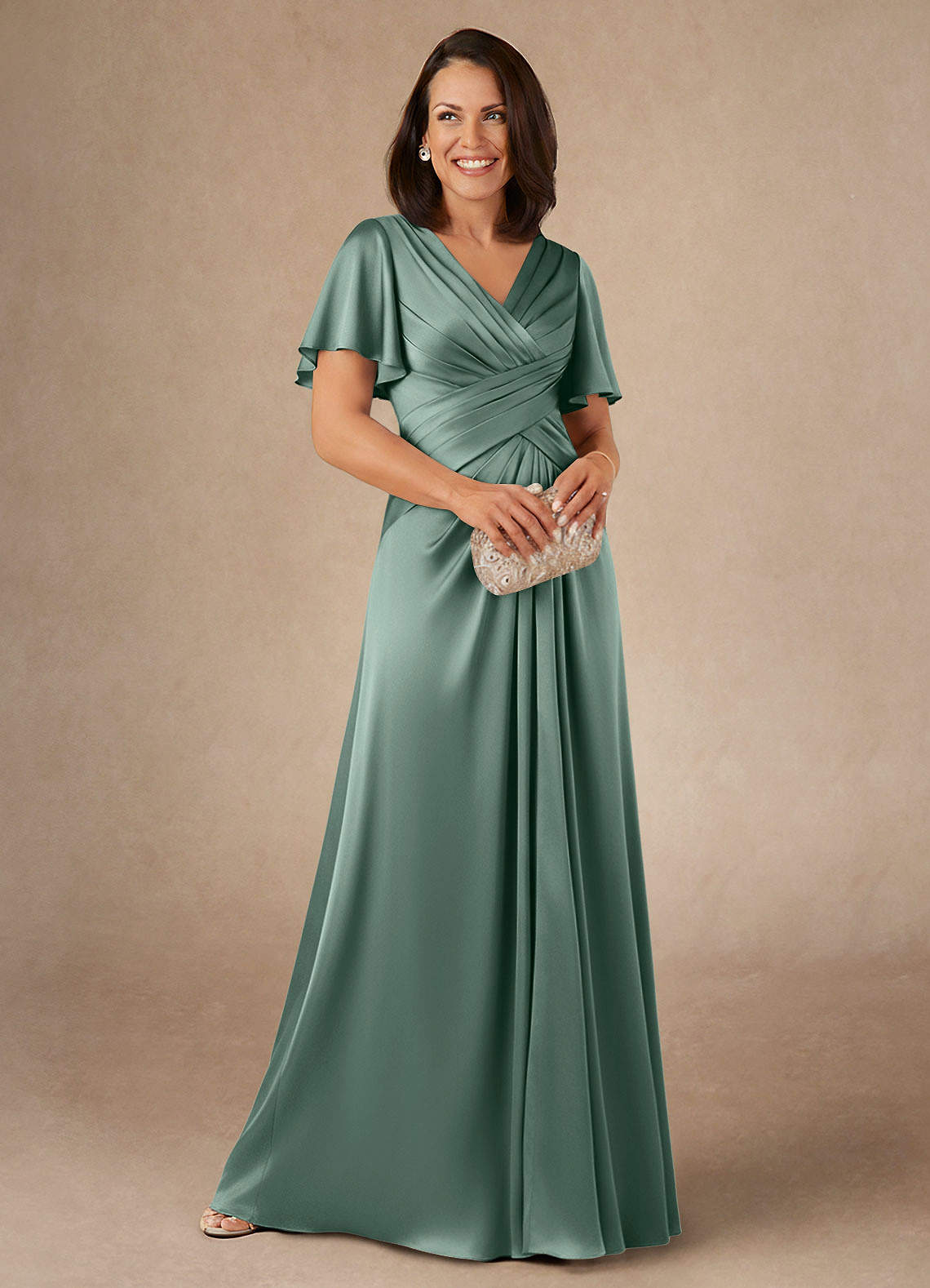 Azazie Emmeline Mother of the Bride Dresses Eucalyptus A-Line Pleated Stretch Satin Dress image1