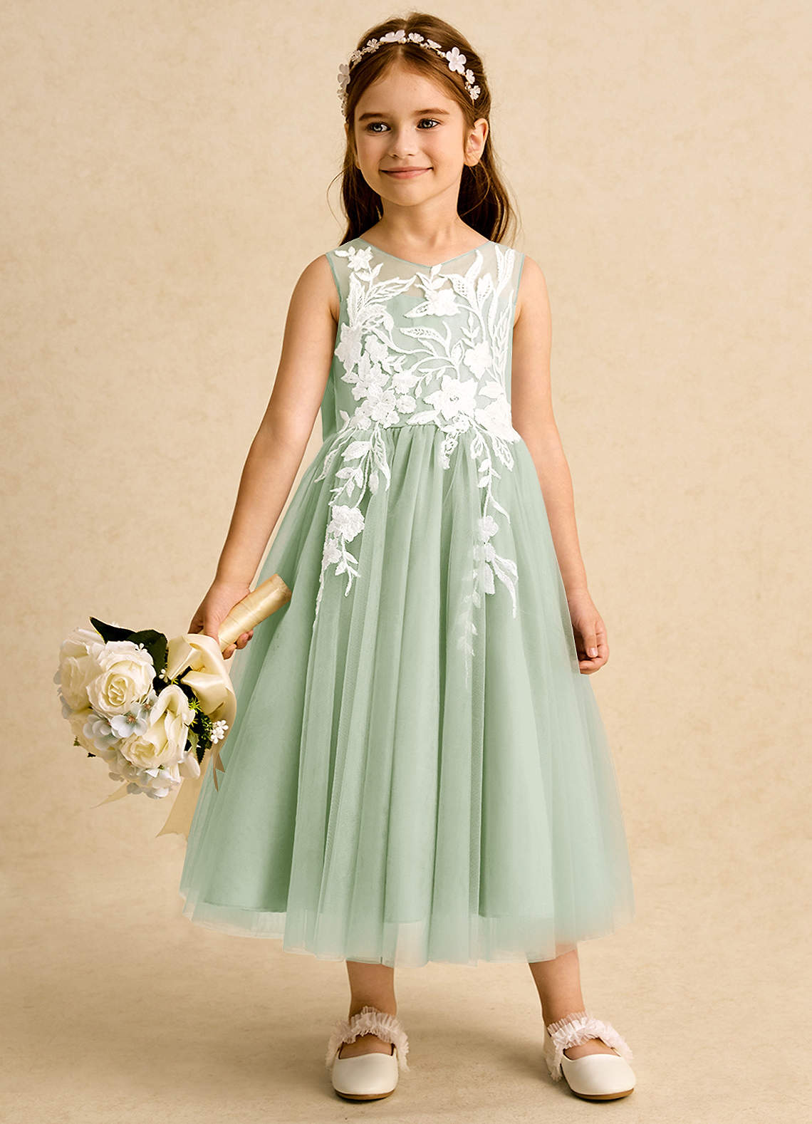Azazie Sundae Blumenmädchenkleider Ballkleid Spitze Kleid Staubiger Salbeigrün image2